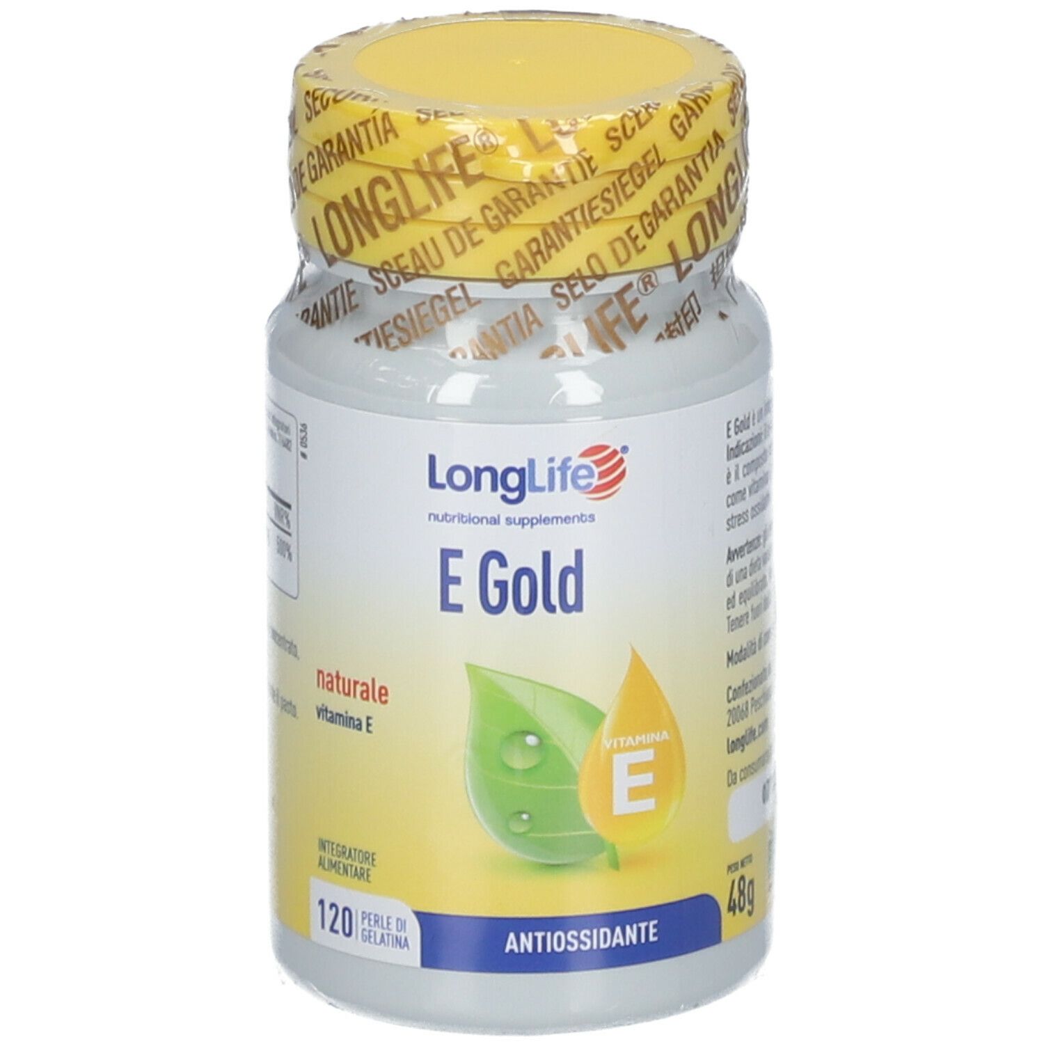 Flacone con tappo giallo e sigillo di sicurezza. Scritta: LongLife E Gold, vitamina E naturale. 120 perle.