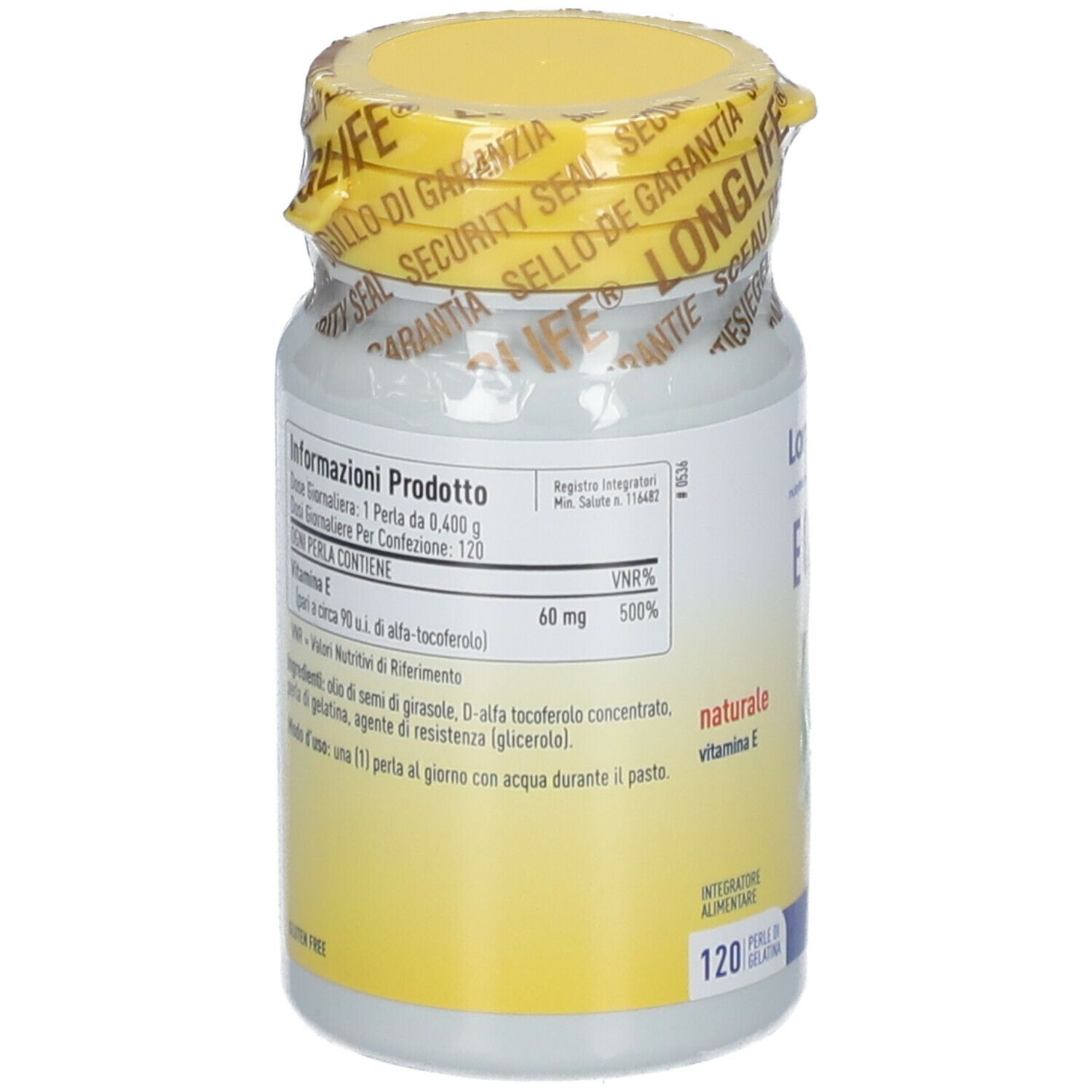 Retro del flacone. Informazioni prodotto, ingredienti, dosaggio. 120 perle. Vitamina E.