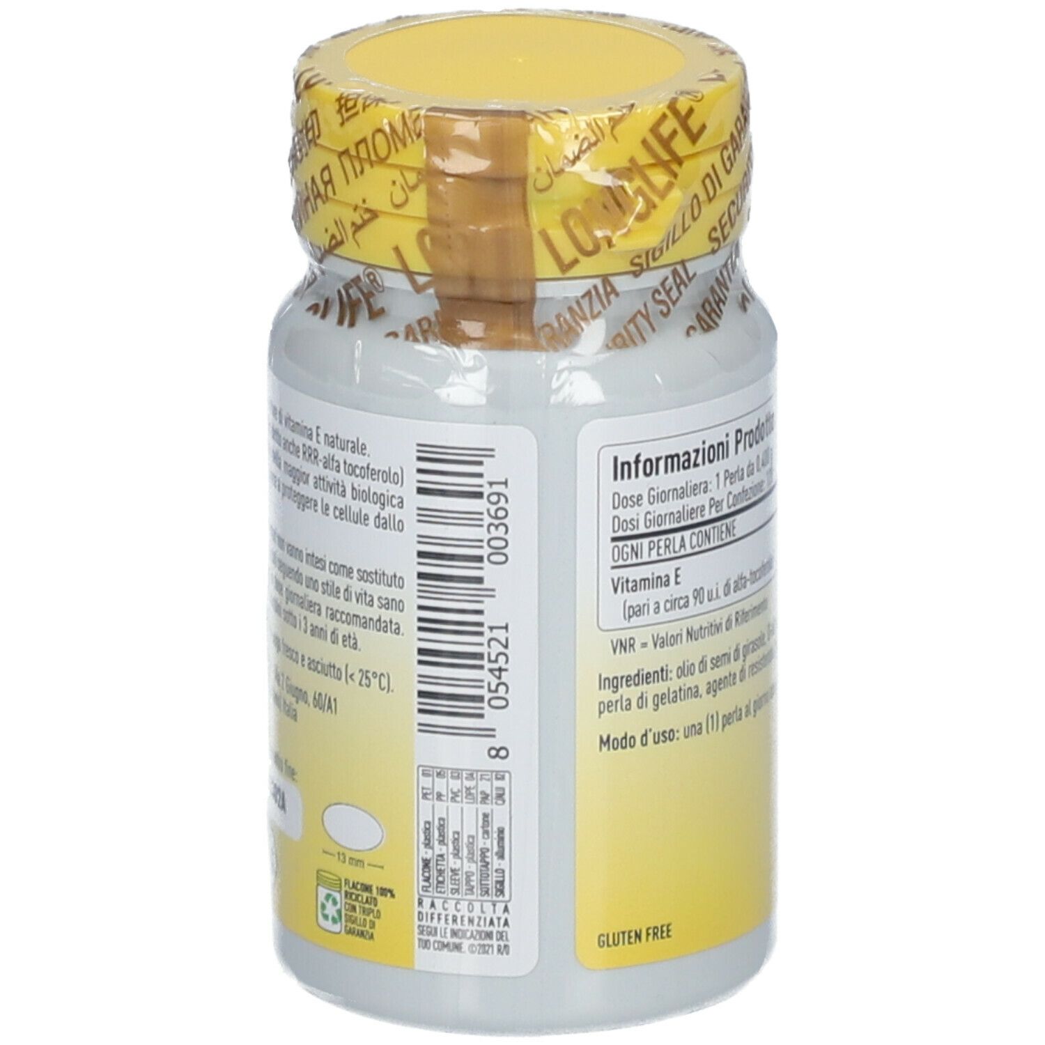 Retro del flacone. Informazioni prodotto, ingredienti, dosaggio. 120 perle. Vitamina E.