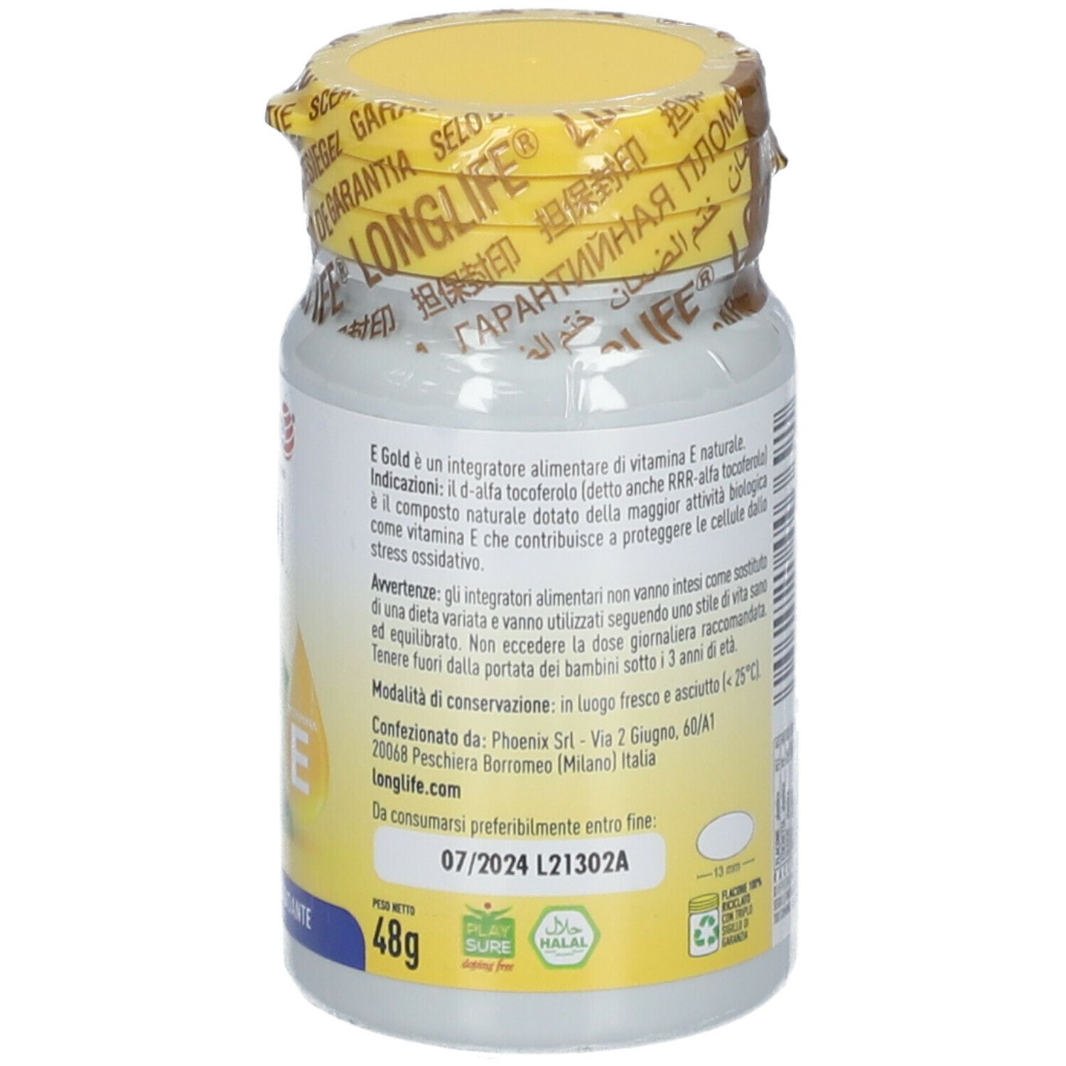 Retro del flacone. Informazioni prodotto, ingredienti, dosaggio. 120 perle. Vitamina E.