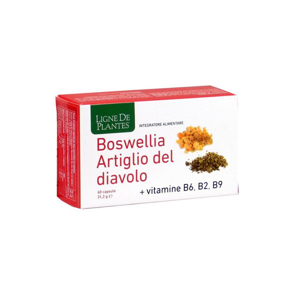 Scatola rossa. Scritta: Boswellia Artiglio del diavolo, 60 capsule, + vitamine B6, B2, B9. Ingredienti visibili.
