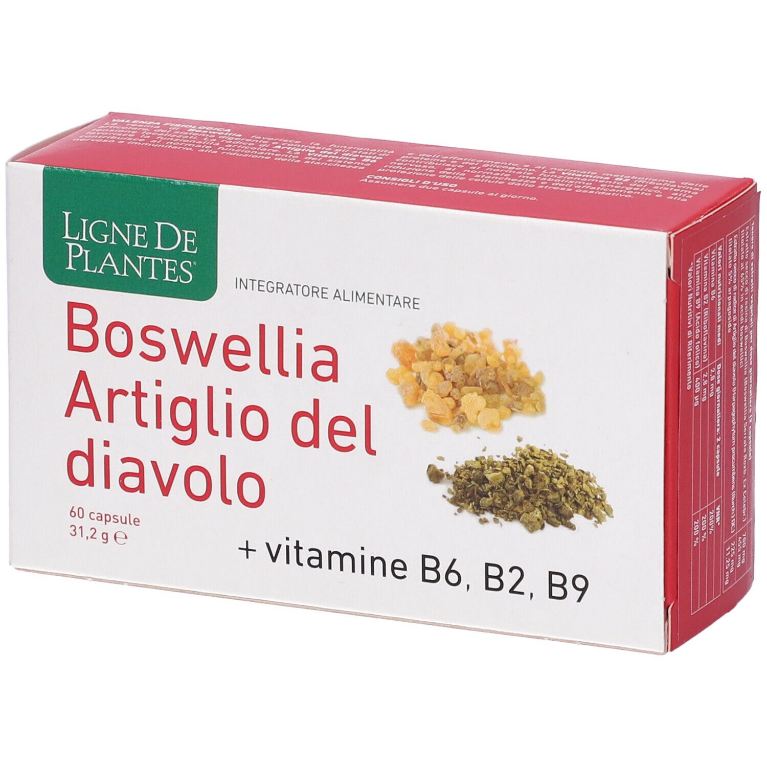 Scatola rossa. Scritta: Boswellia Artiglio del diavolo, 60 capsule, + vitamine B6, B2, B9. Vista obliqua.