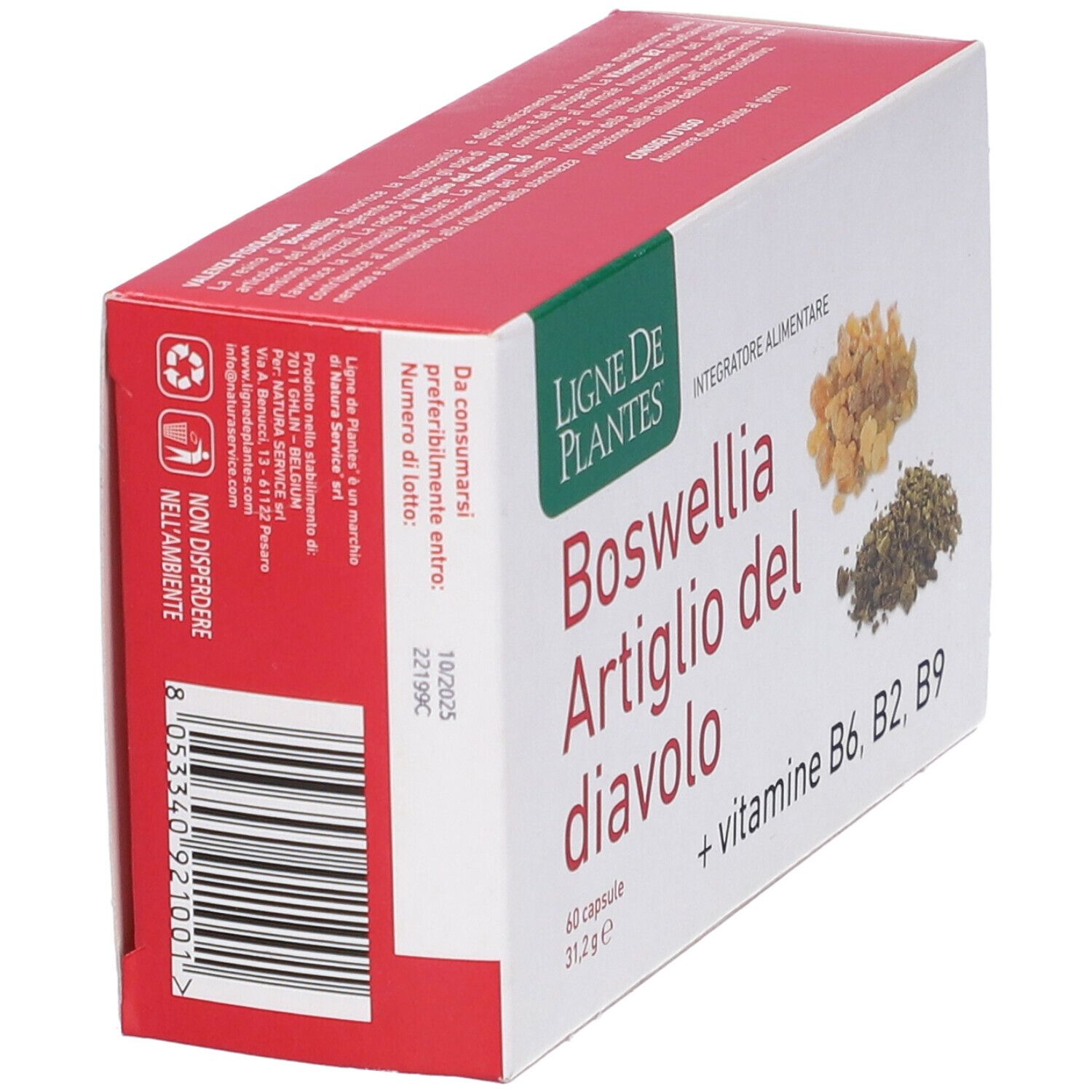 Scatola rossa. Scritta: Boswellia Artiglio del diavolo, 60 capsule, + vitamine B6, B2, B9. Retro.