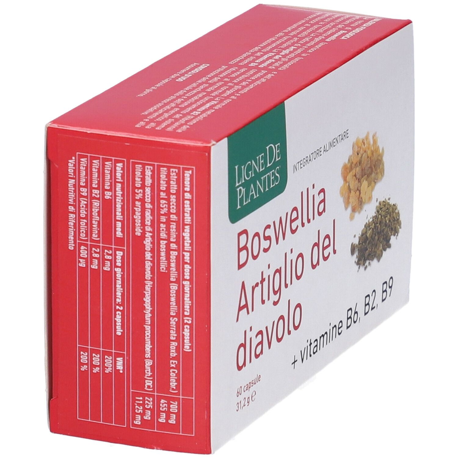 Scatola rossa. Scritta: Boswellia Artiglio del diavolo, 60 capsule, + vitamine B6, B2, B9. Informazioni nutrizionali.