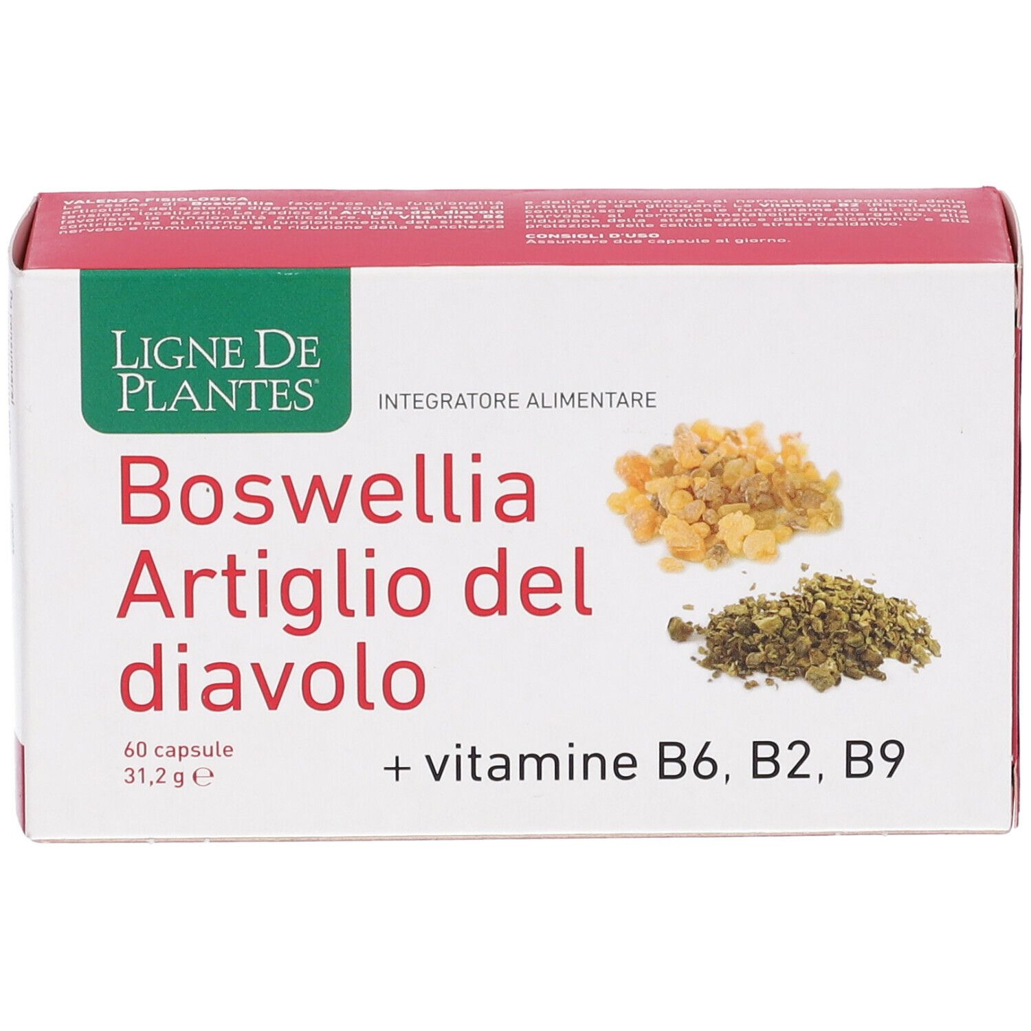 Scatola rossa. Scritta: Boswellia Artiglio del diavolo, 60 capsule, + vitamine B6, B2, B9. Vista obliqua.