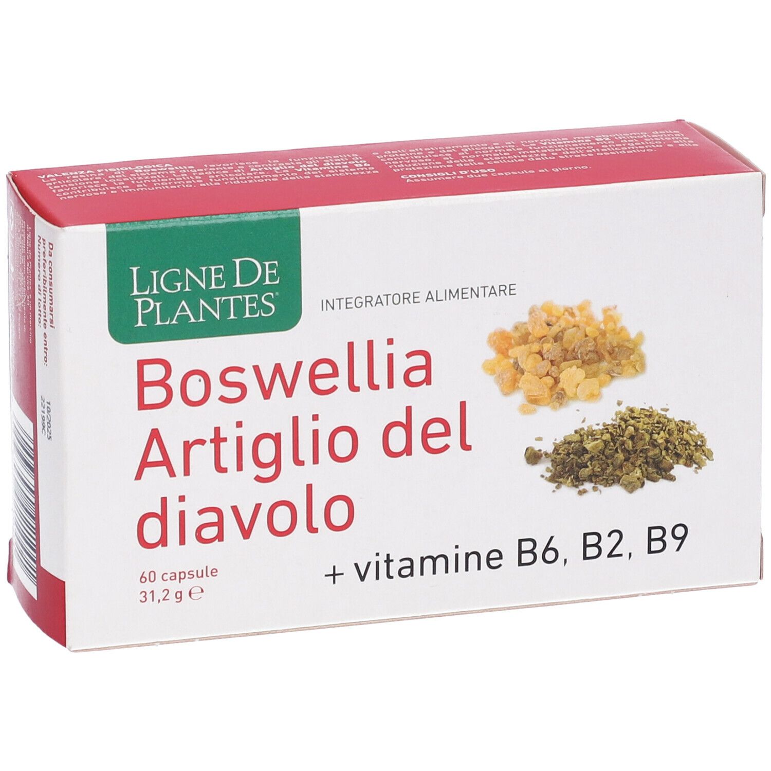 Scatola rossa. Scritta: Boswellia Artiglio del diavolo, 60 capsule, + vitamine B6, B2, B9. Vista obliqua.