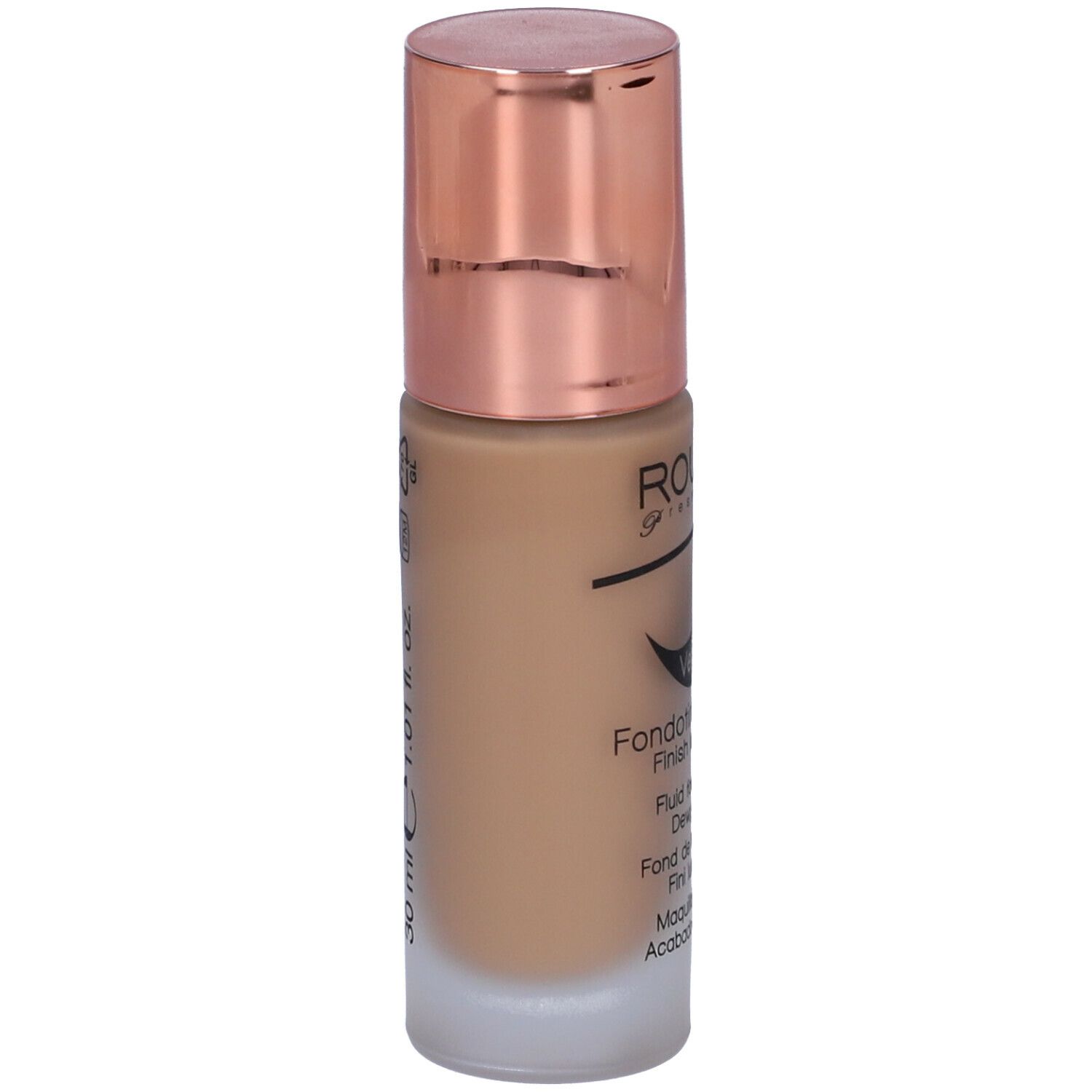 Flacone di fondotinta fluido con tappo color rame. Scritta: ROUGJ+ Prestige, Vello, Fondotinta fluido, Finish luminoso.
