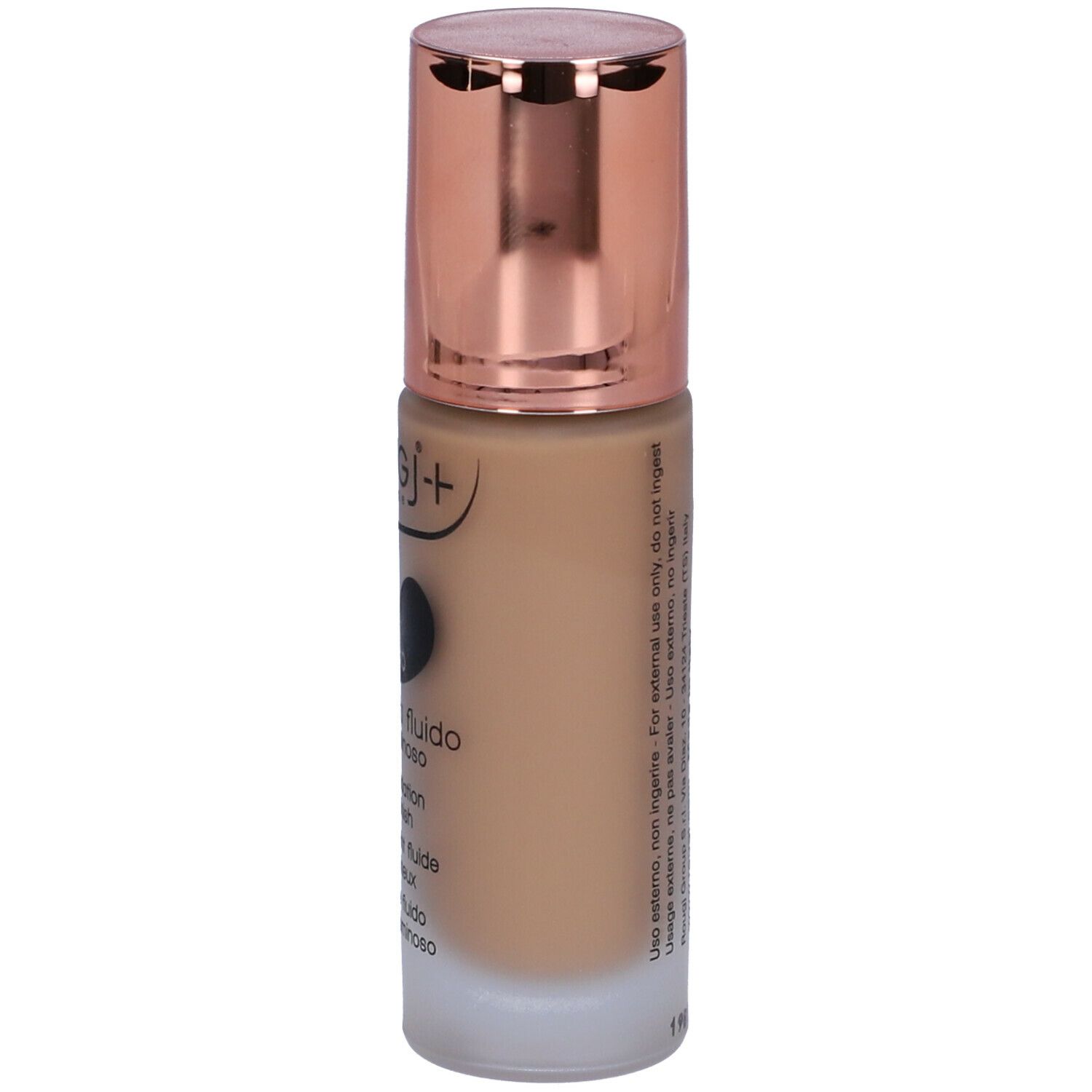 Flacone di fondotinta fluido con tappo color rame. Scritta: ROUGJ+ Prestige, Vello, Fondotinta fluido, Finish luminoso.