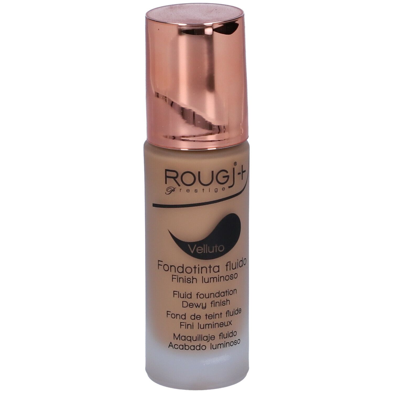 Flacone di fondotinta fluido con tappo color rame. Scritta: ROUGJ+ Prestige, Vello, Fondotinta fluido, Finish luminoso.