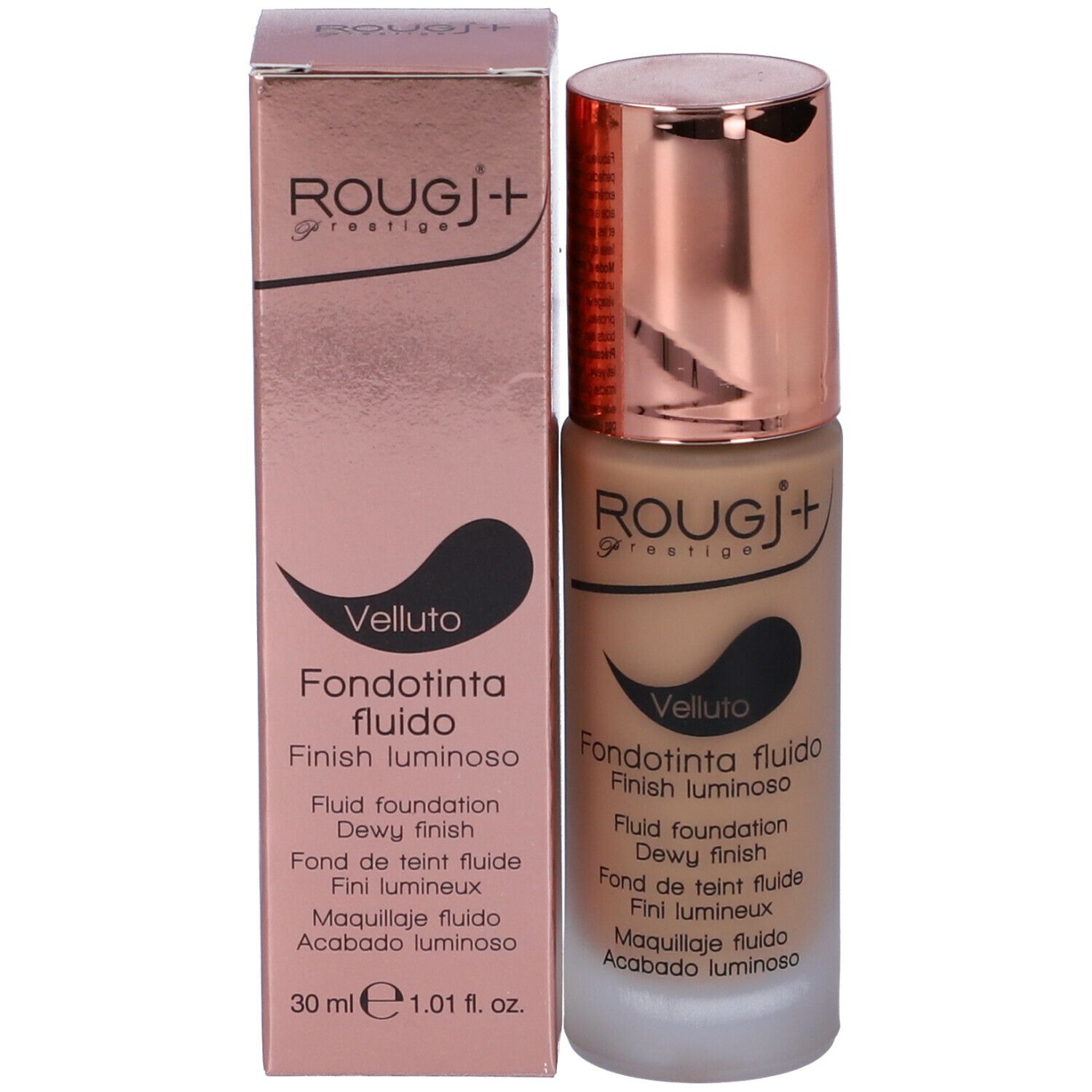 Flacone di fondotinta e confezione. Scritta: ROUGJ+ Prestige, Vello, Fondotinta fluido, Finish luminoso, 30 ml.