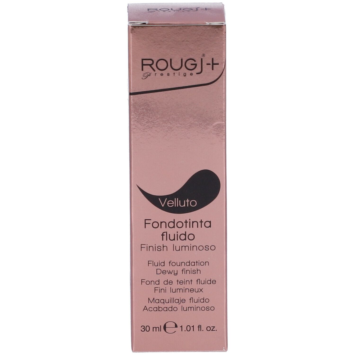 Confezione di fondotinta fluido. Scritta: ROUGJ+ Prestige, Vello, Fondotinta fluido, Finish luminoso, 30 ml.