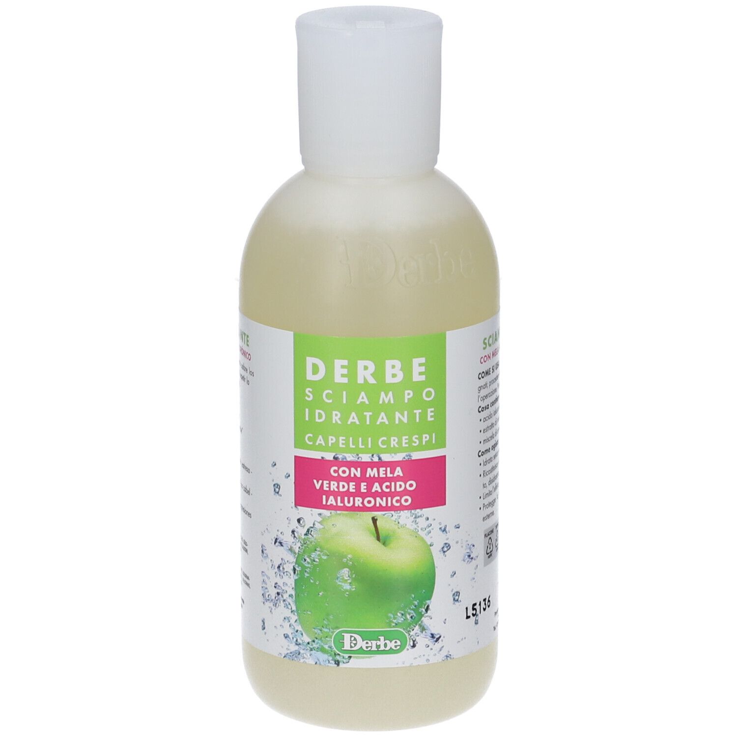Flacone di shampoo Derbe con etichetta verde e mela. Contiene Mela Verde e Acido Ialuronico.