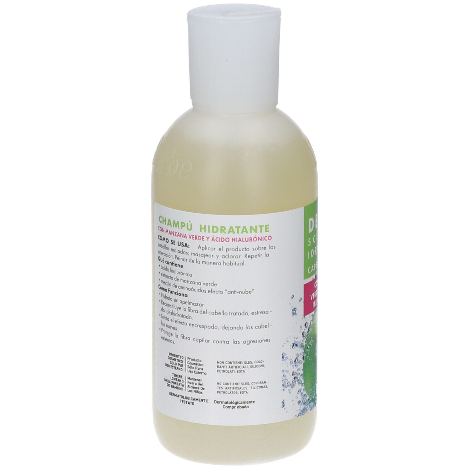 Retro del flacone di shampoo Derbe. Informazioni su ingredienti e uso. Con Mela Verde.