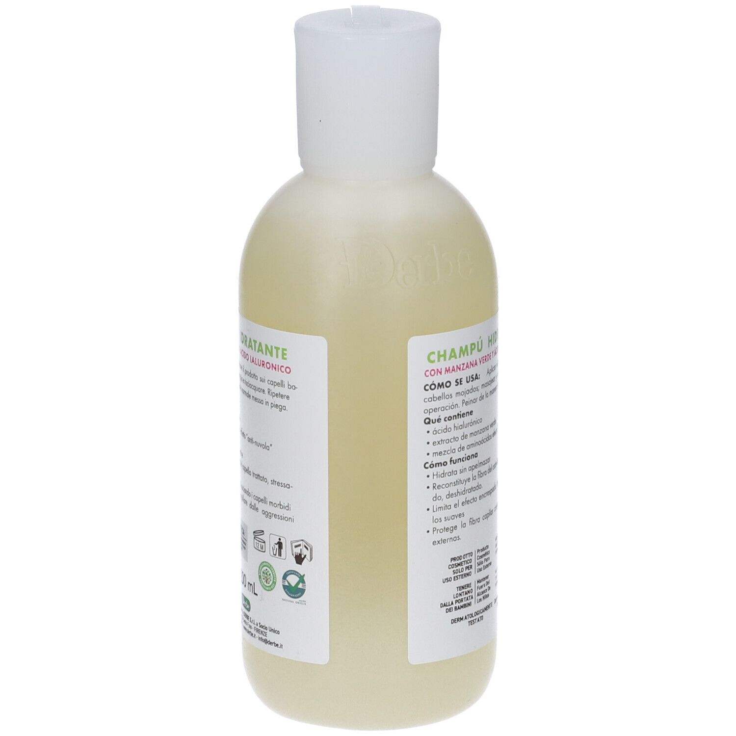 Retro del flacone di shampoo Derbe. Informazioni su ingredienti e uso. Con Mela Verde.
