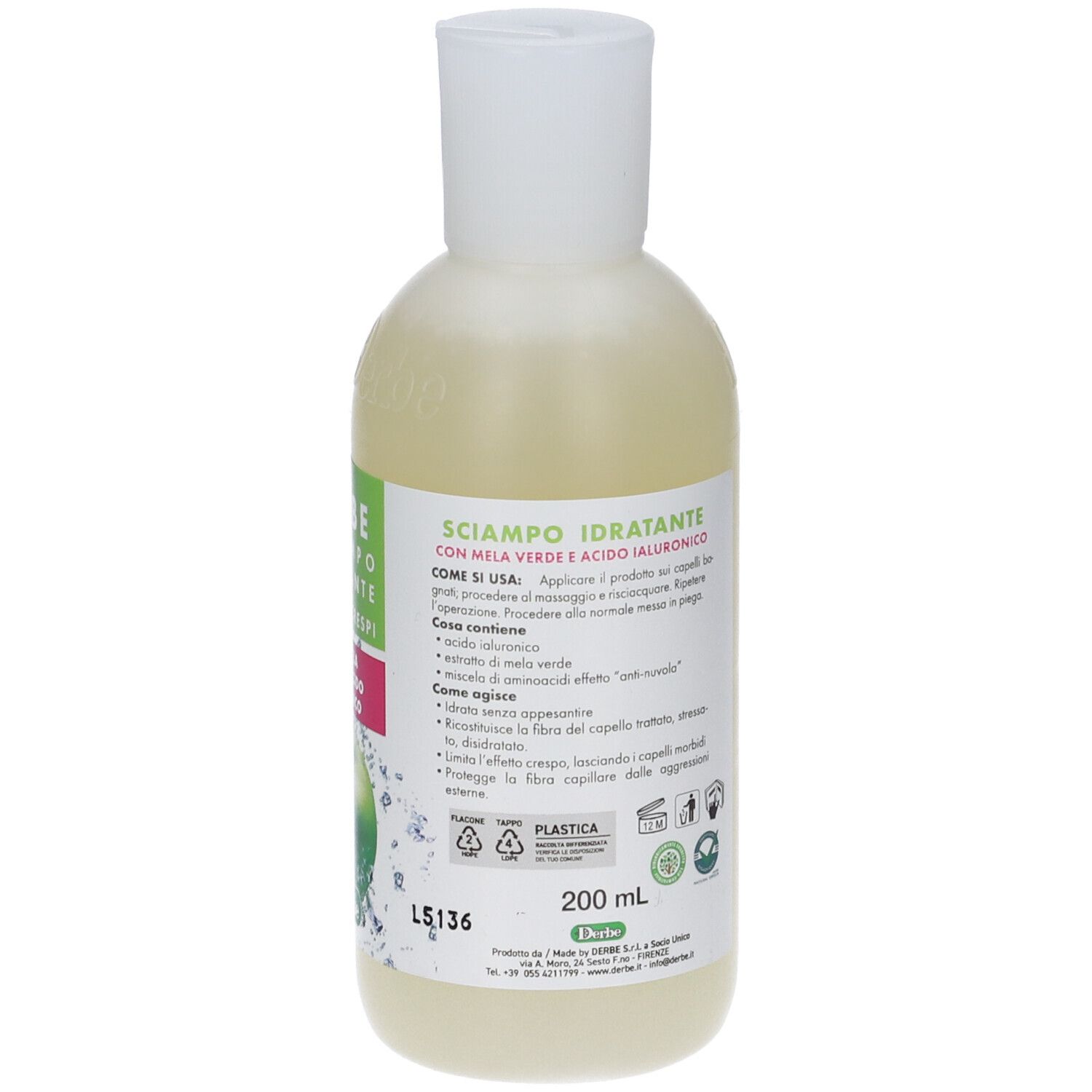 Retro del flacone di shampoo Derbe. Informazioni su ingredienti e uso. Con Mela Verde.