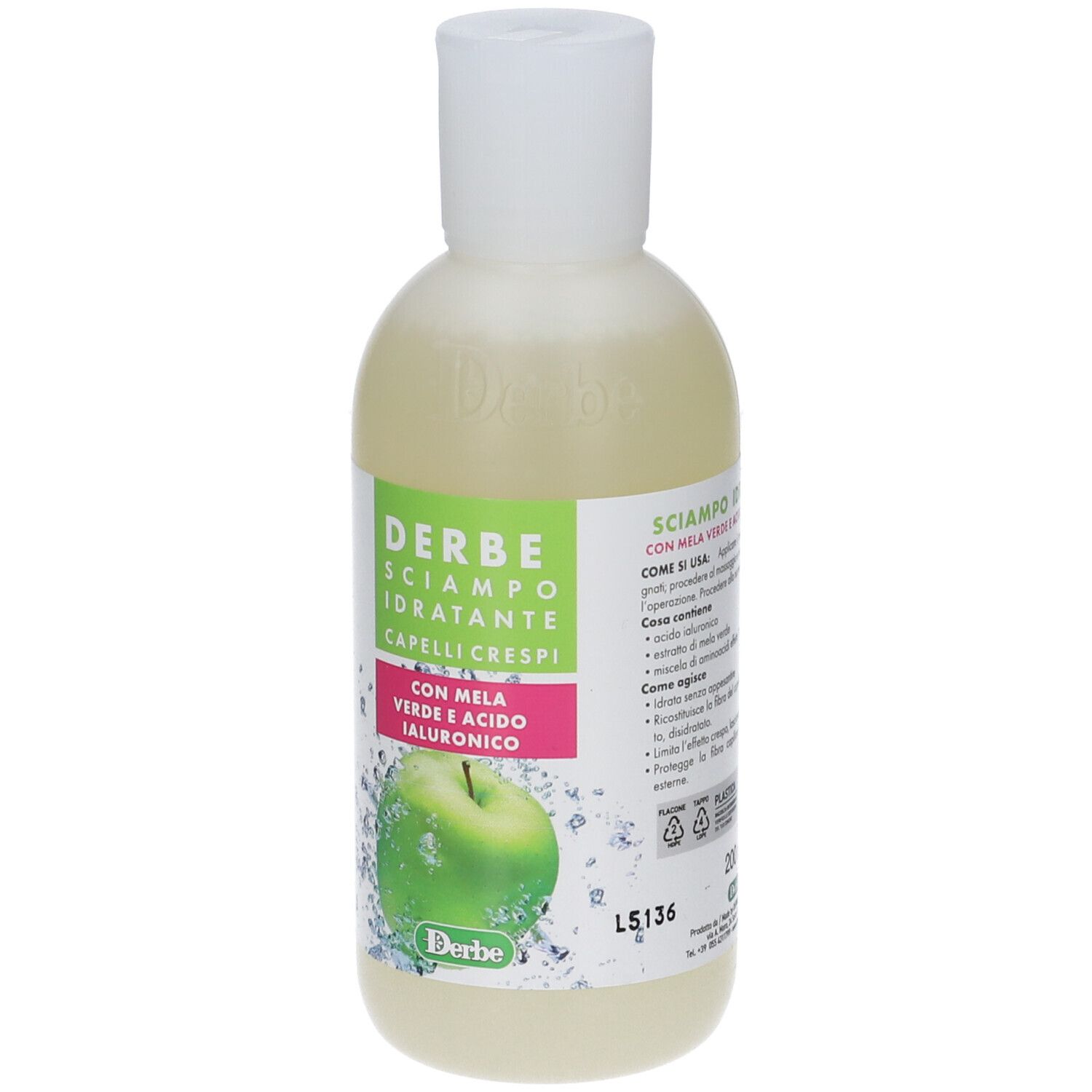 Flacone di shampoo Derbe con etichetta verde e mela. Contiene Mela Verde e Acido Ialuronico.