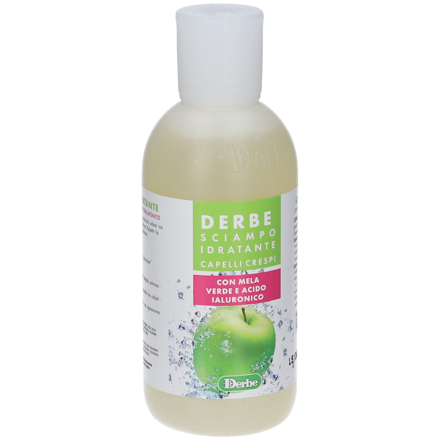 Flacone di shampoo Derbe con etichetta verde e mela. Contiene Mela Verde e Acido Ialuronico.