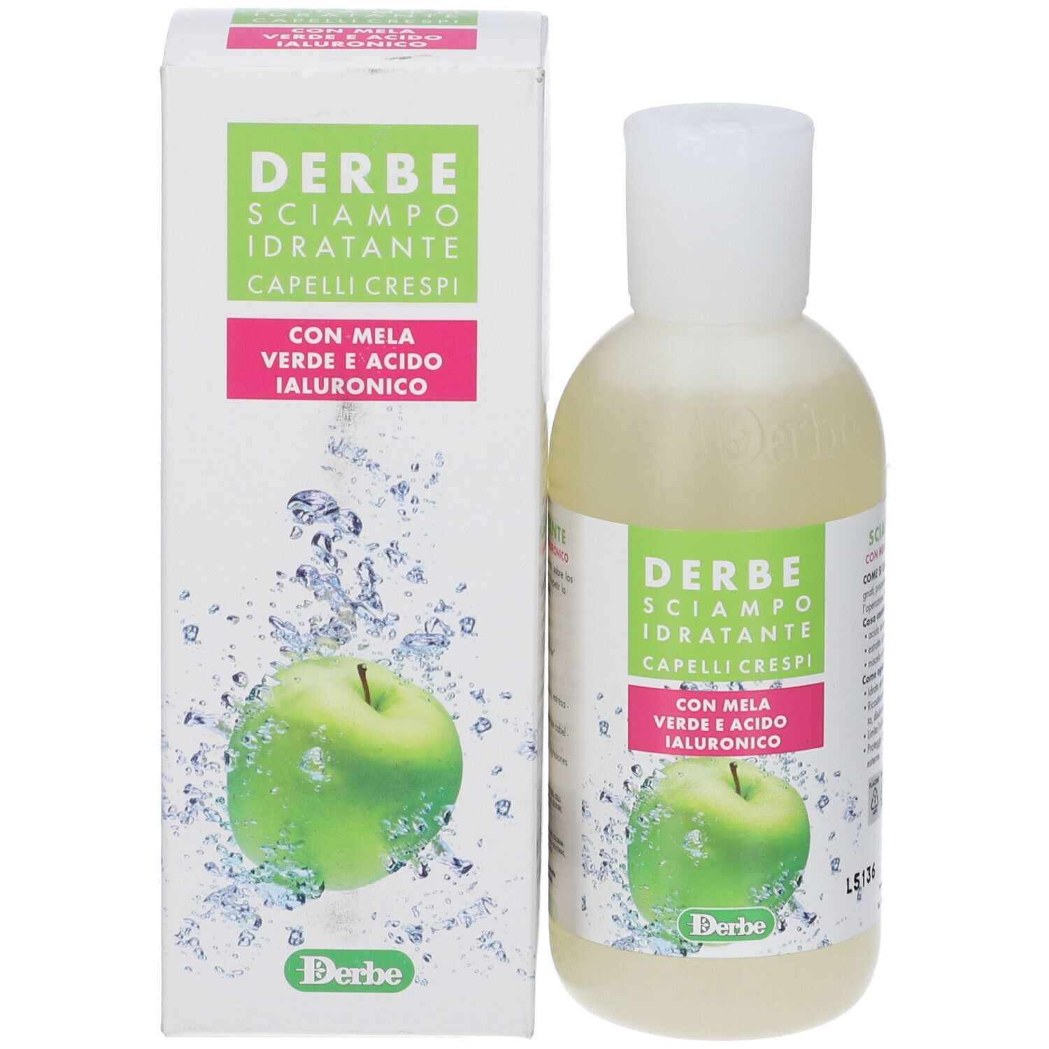 Flacone e scatola di shampoo Derbe. Entrambi con etichetta verde, mela e informazioni.