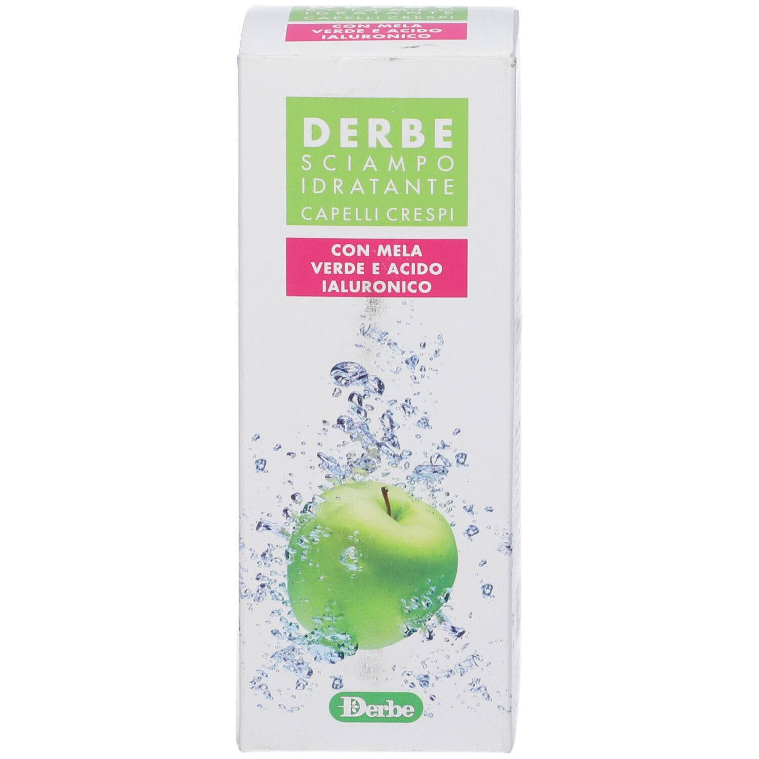 Scatola di shampoo Derbe. Etichetta verde con mela e informazioni sul prodotto.