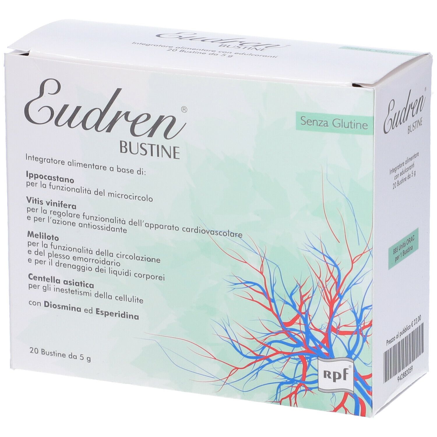 Scatola bianca Eudren Bustine, senza glutine. Integratore alimentare a base di... 20 bustine da 5 g.