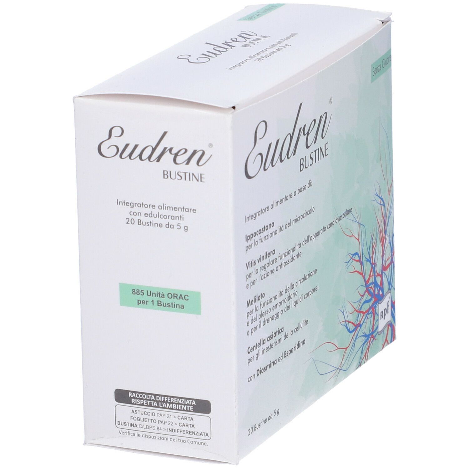 Scatola bianca Eudren Bustine. Integratore alimentare con edulcoranti. 20 bustine da 5 g.
