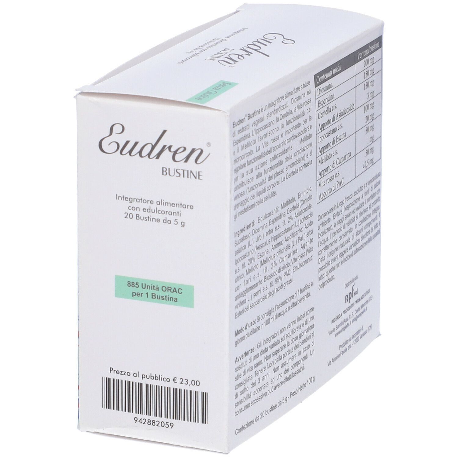 Scatola bianca Eudren Bustine. Integratore alimentare con edulcoranti. 20 bustine da 5 g. Prezzo: 23,00 €.