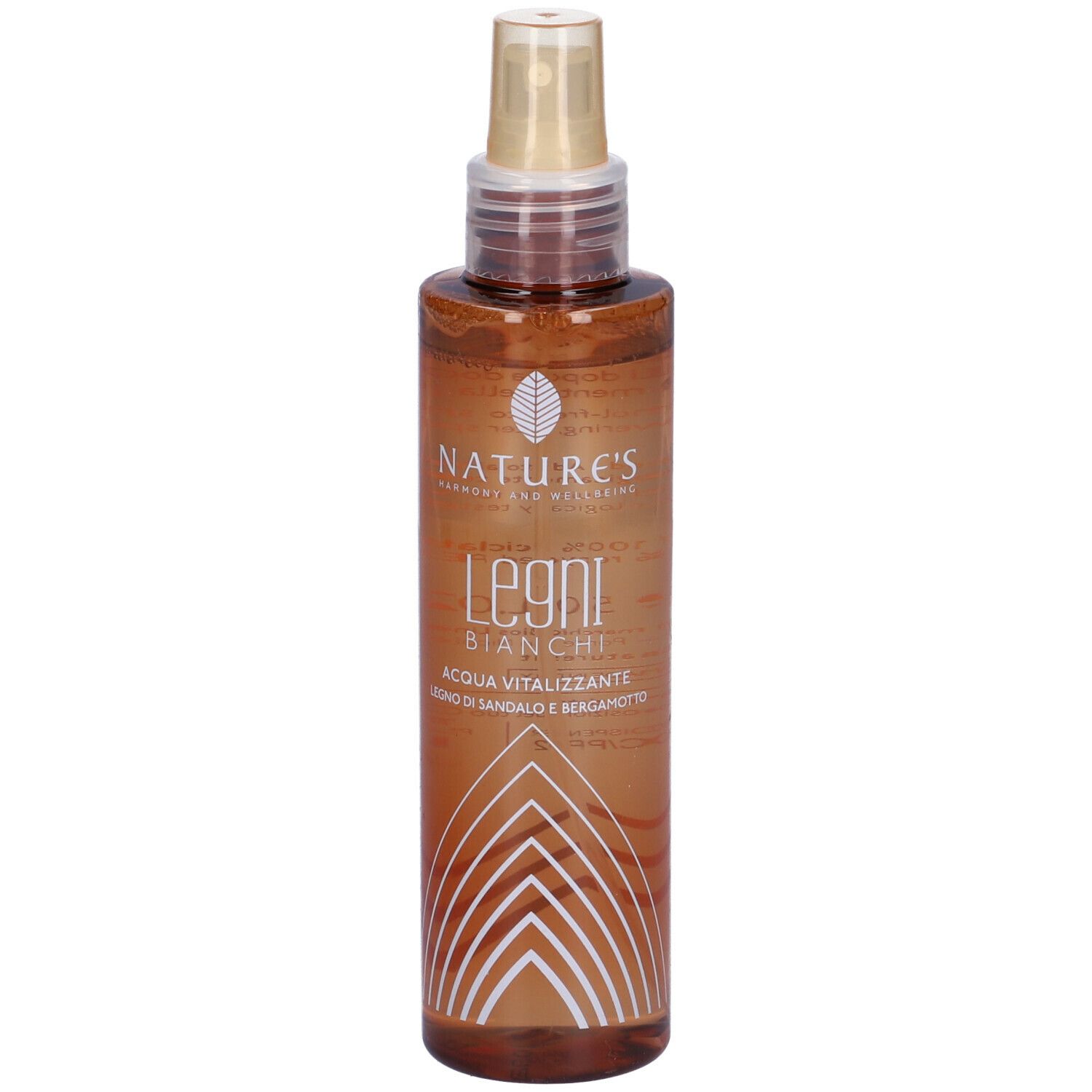 Flacone spray marrone con etichetta bianca. Scritta: NATURE'S Legni BIANCHI, Acqua Vitalizzante.