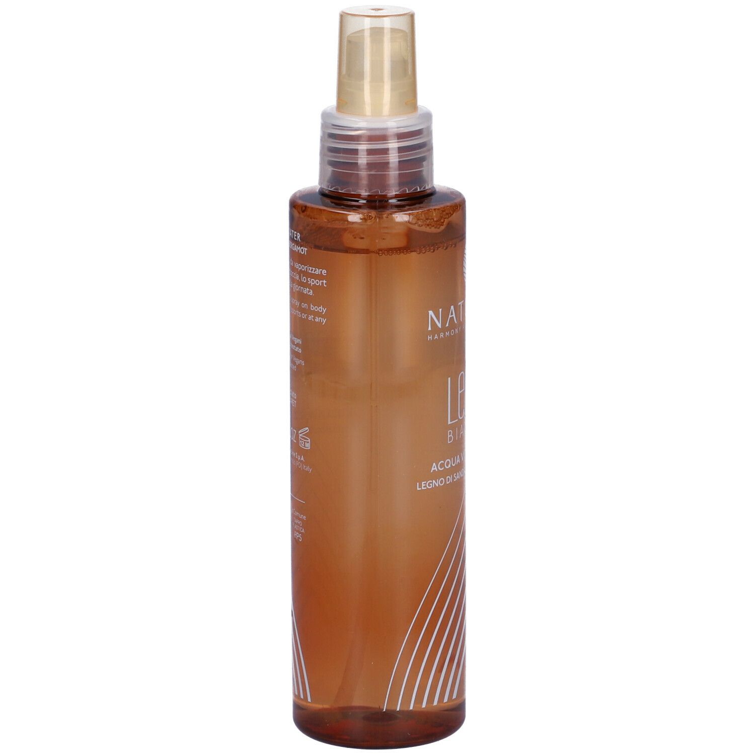 Flacone spray marrone con etichetta bianca. Scritta: NATURE'S Legni BIANCHI, Acqua Vitalizzante.