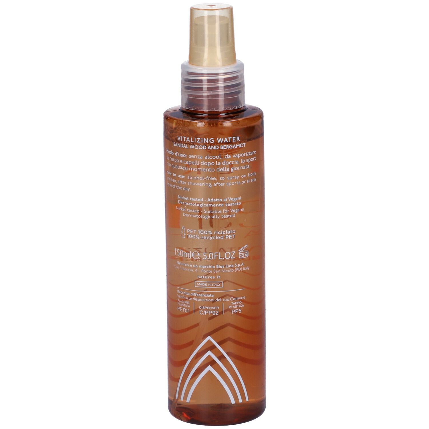 Flacone spray marrone con etichetta bianca. Scritta: NATURE'S Legni BIANCHI, Acqua Vitalizzante. Testo sul retro.
