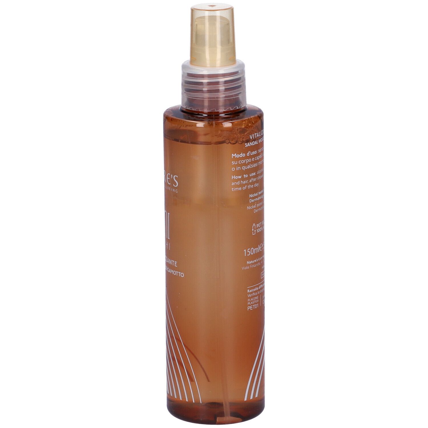 Flacone spray marrone con etichetta bianca. Scritta: NATURE'S Legni BIANCHI, Acqua Vitalizzante. Testo sul retro.