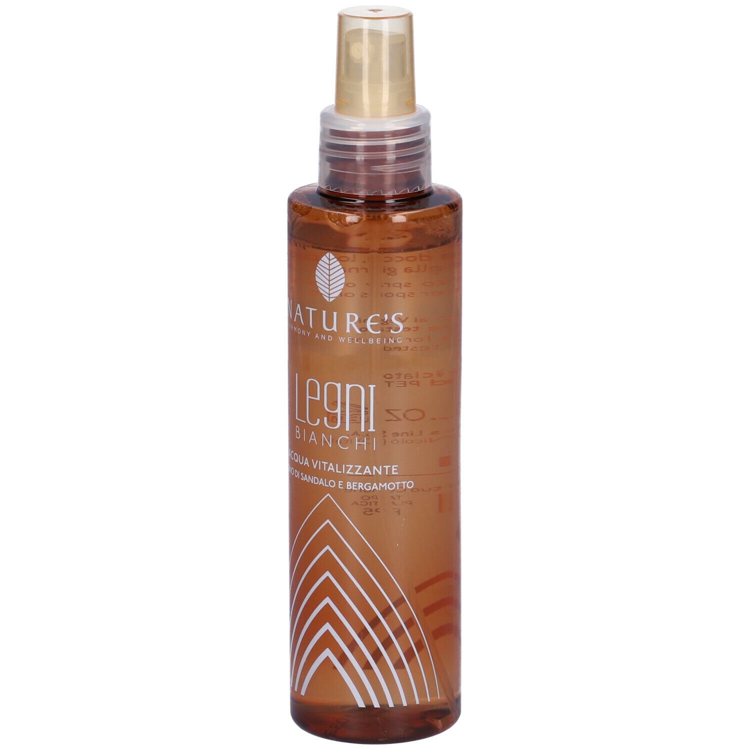 Flacone spray marrone con etichetta bianca. Scritta: NATURE'S Legni BIANCHI, Acqua Vitalizzante.
