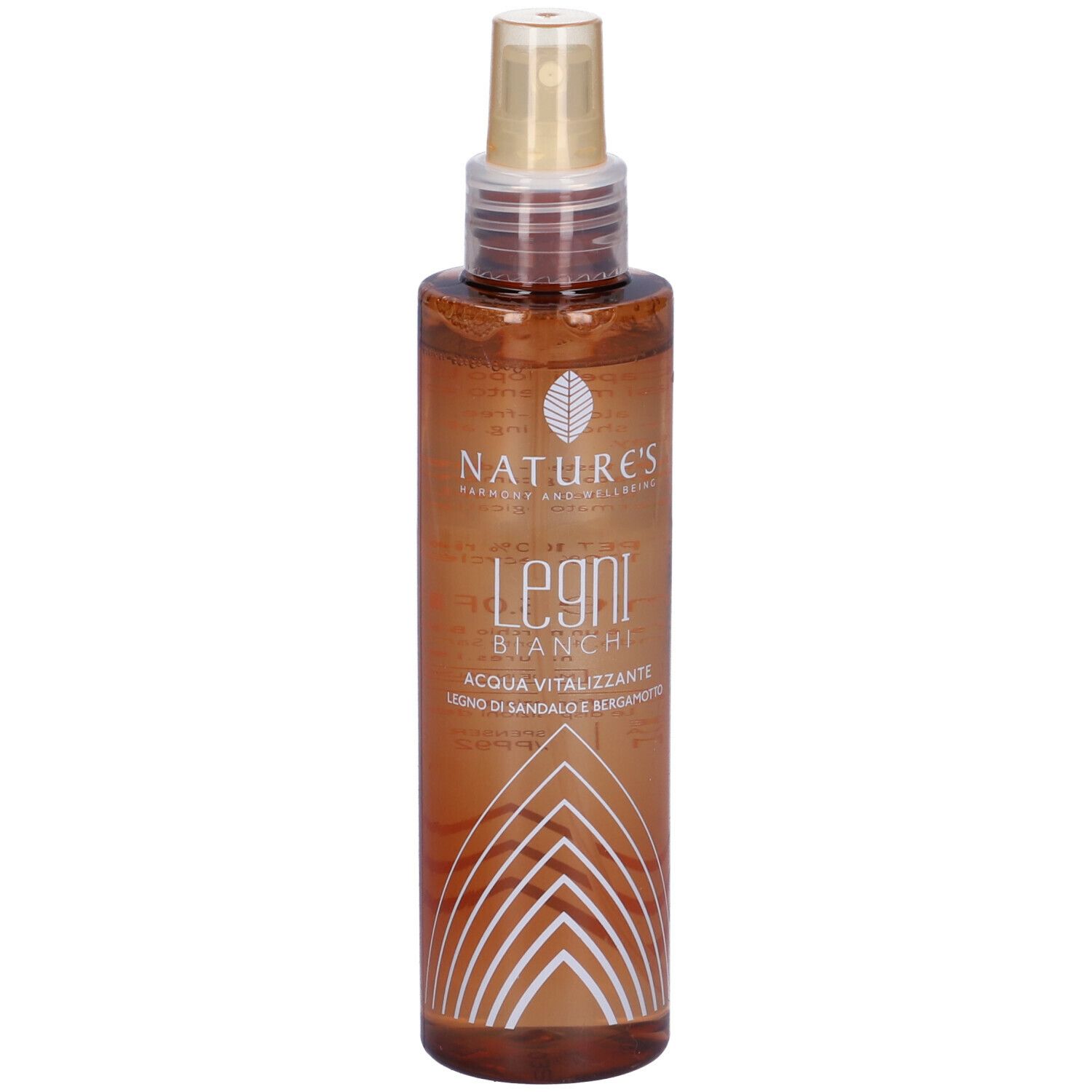 Flacone spray marrone con etichetta bianca. Scritta: NATURE'S Legni BIANCHI, Acqua Vitalizzante.