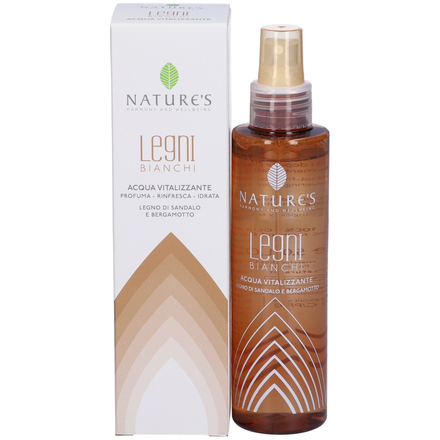 Prodotto e confezione. Flacone spray marrone e scatola bianca. Scritta: NATURE'S Legni BIANCHI, Acqua Vitalizzante.