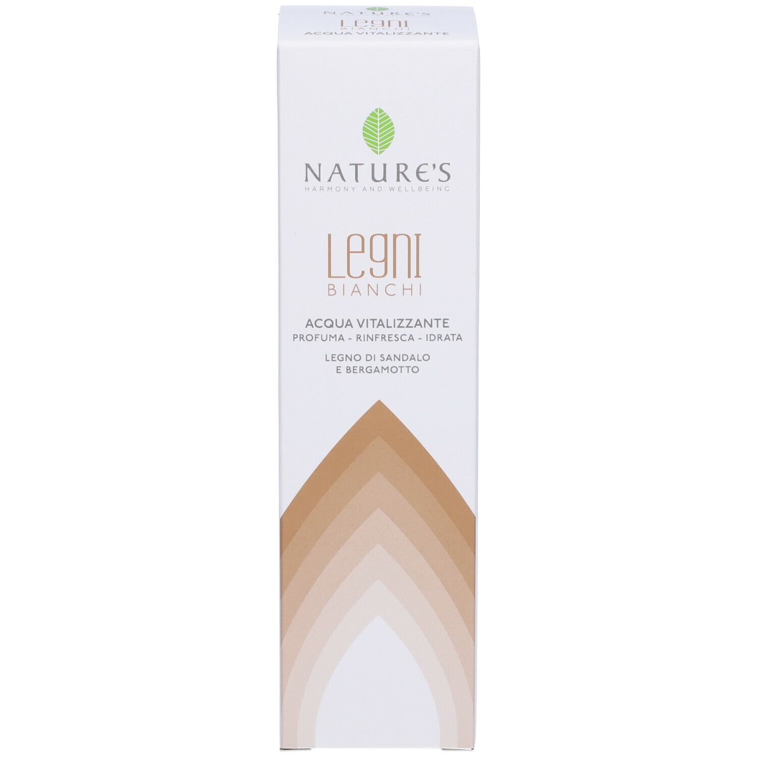 Scatola bianca con scritta: NATURE'S Legni BIANCHI, Acqua Vitalizzante.