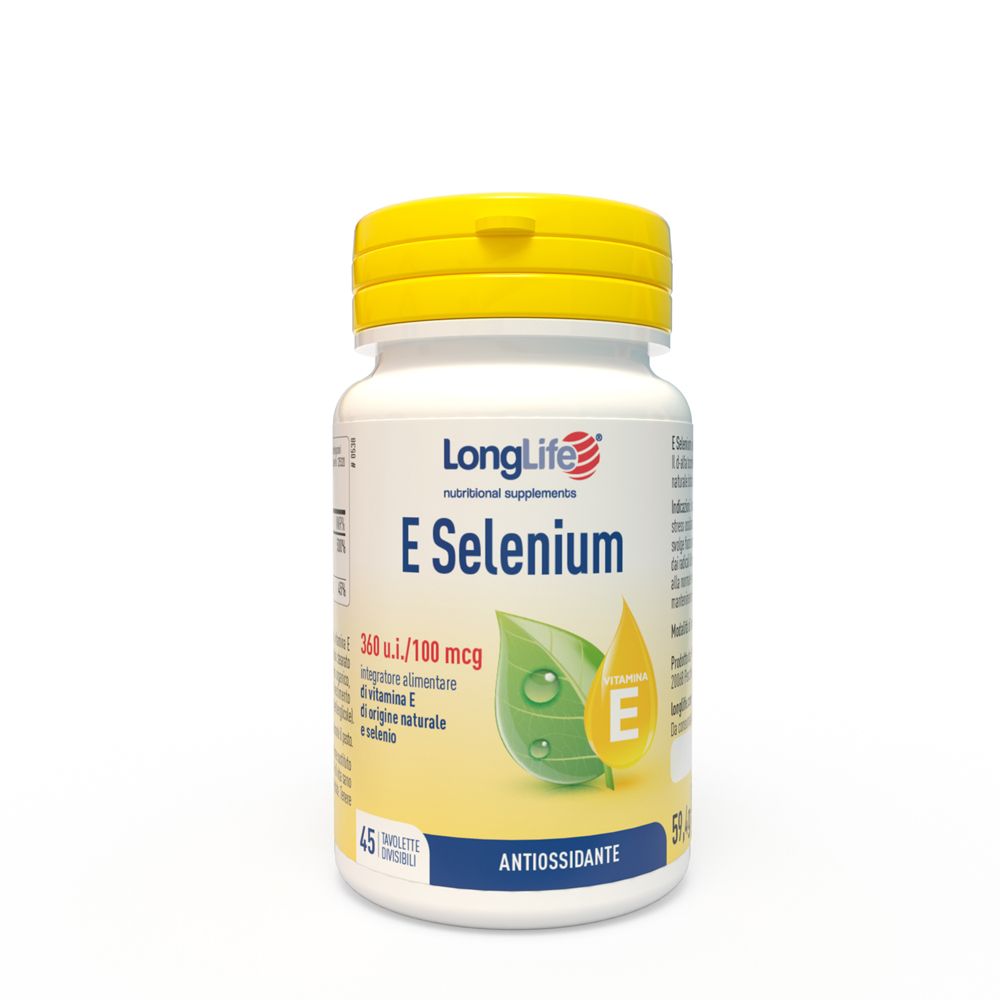 Flacone bianco con tappo giallo. Scritta: LongLife E Selenium. Contiene 45 compresse. Con foglie e simbolo vitamina E.