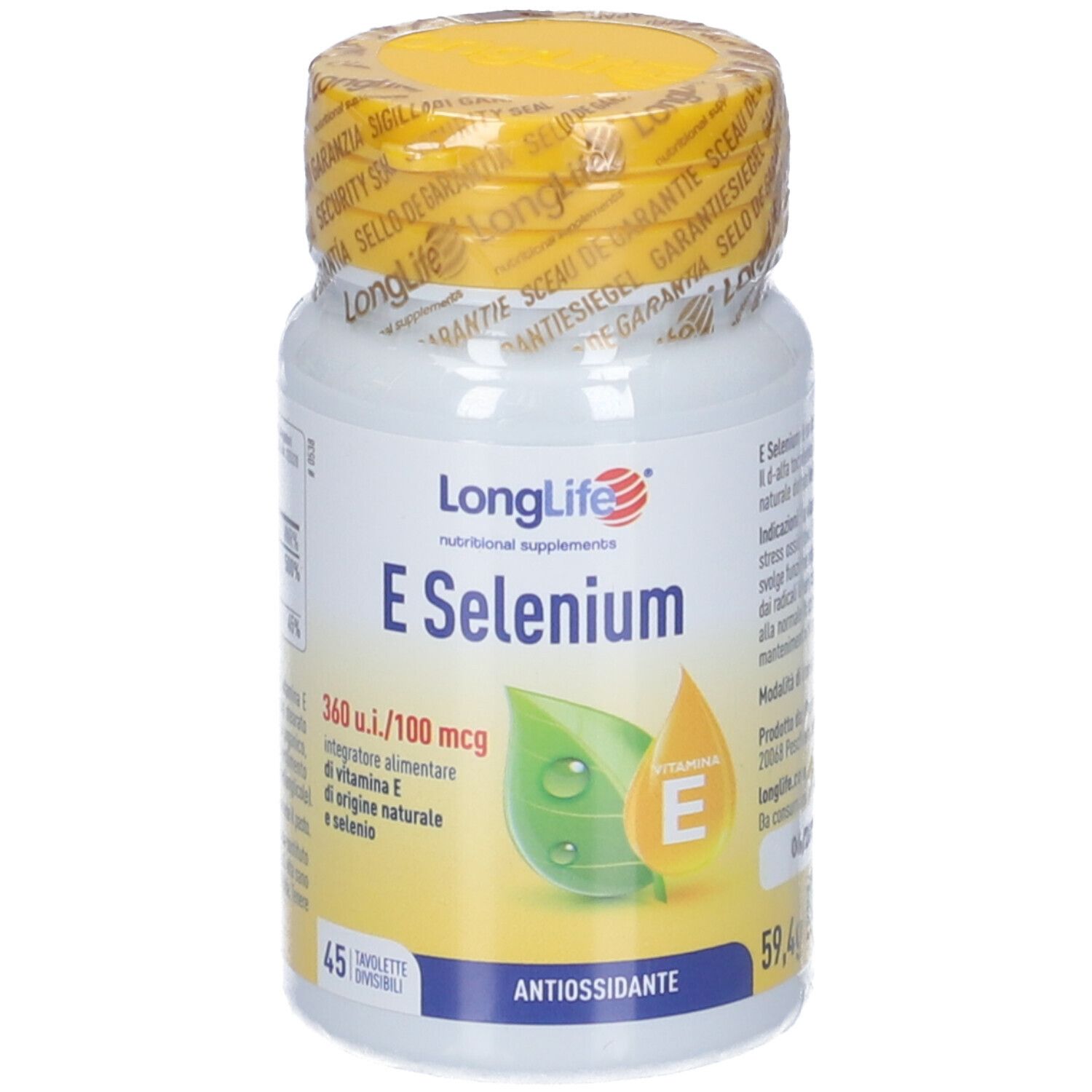 Flacone bianco con tappo giallo e sigillo. Scritta: LongLife E Selenium. Contiene 45 compresse. Con foglie e simbolo vitamina E.
