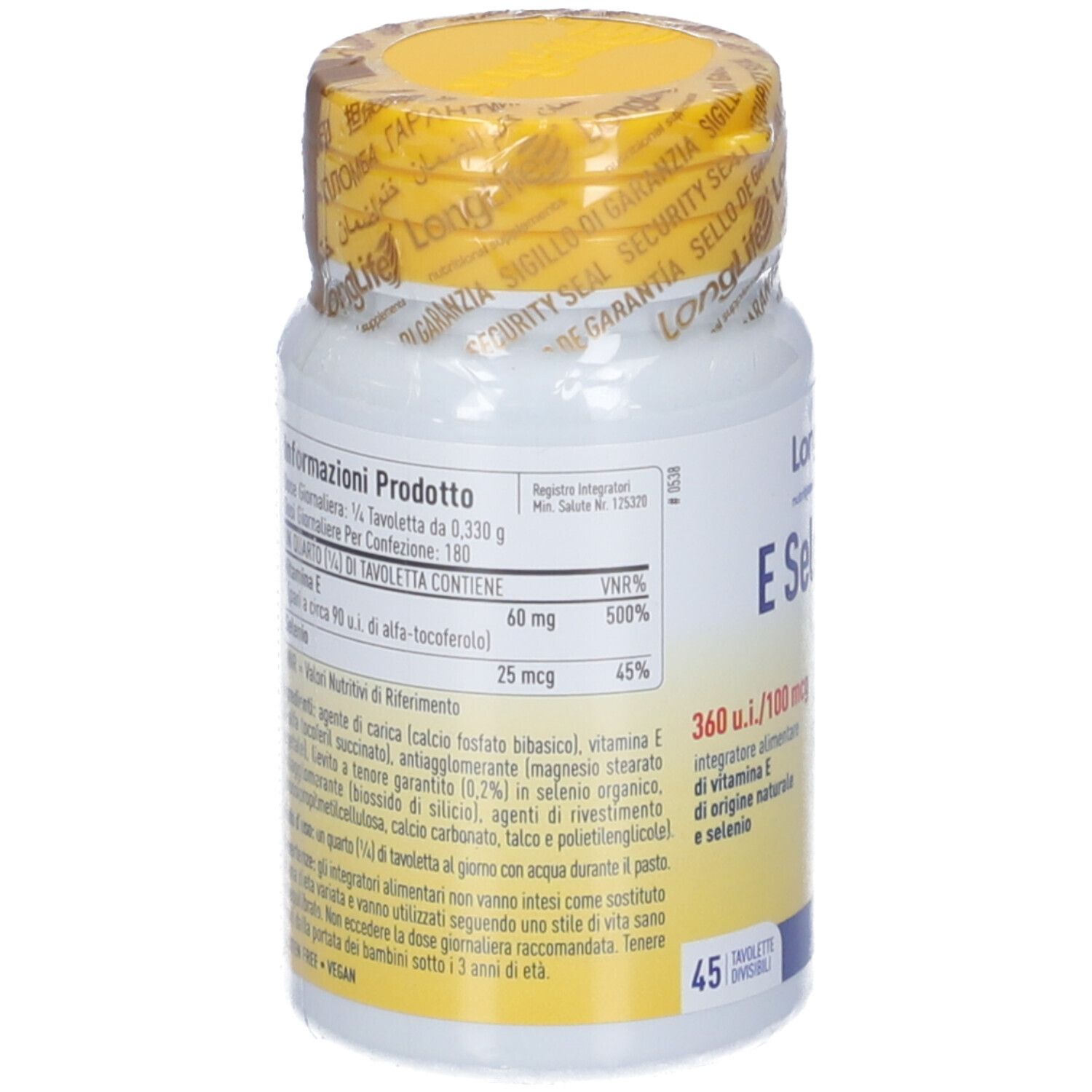 Retro del flacone bianco con tappo giallo e sigillo. Informazioni testuali e nutrizionali. 45 compresse.