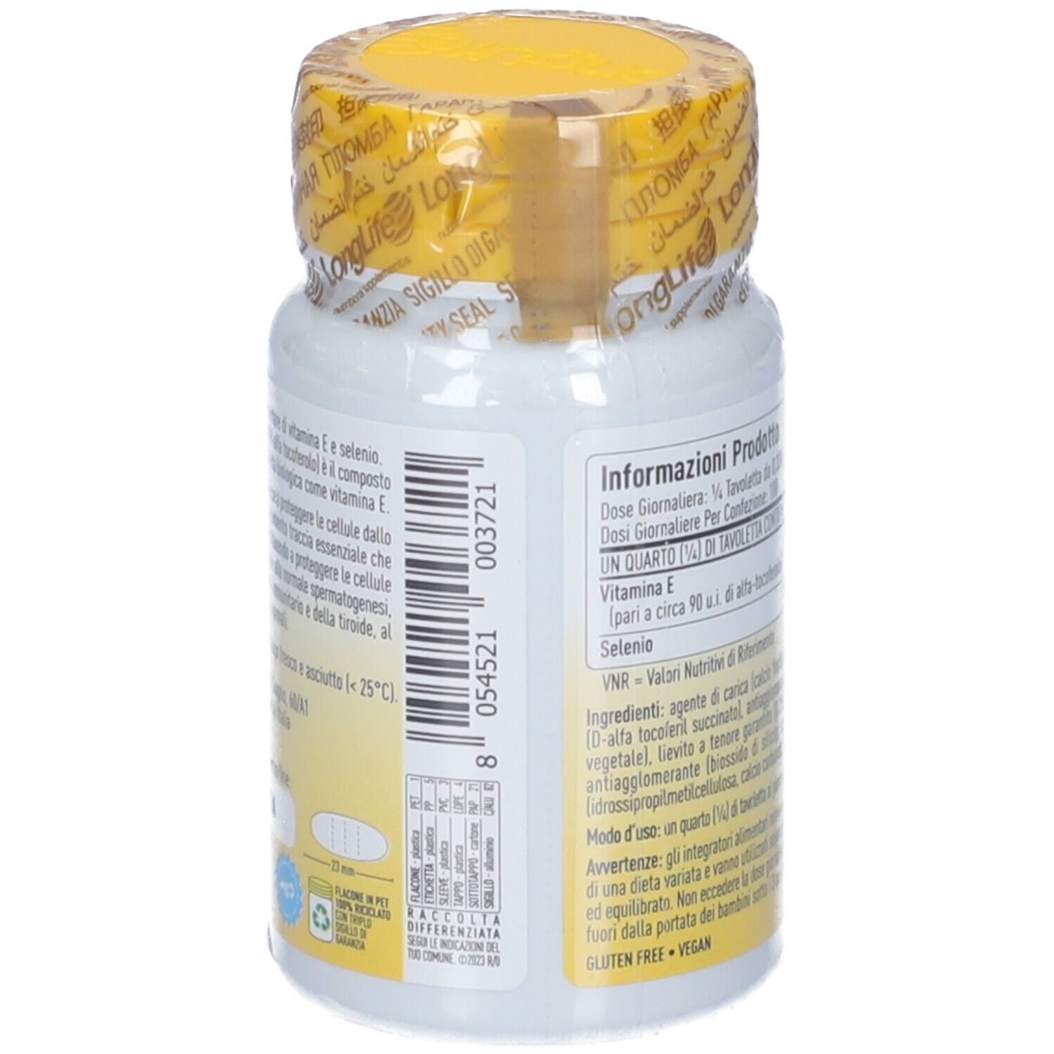 Retro del flacone bianco con tappo giallo e sigillo. Informazioni testuali e nutrizionali. 45 compresse.
