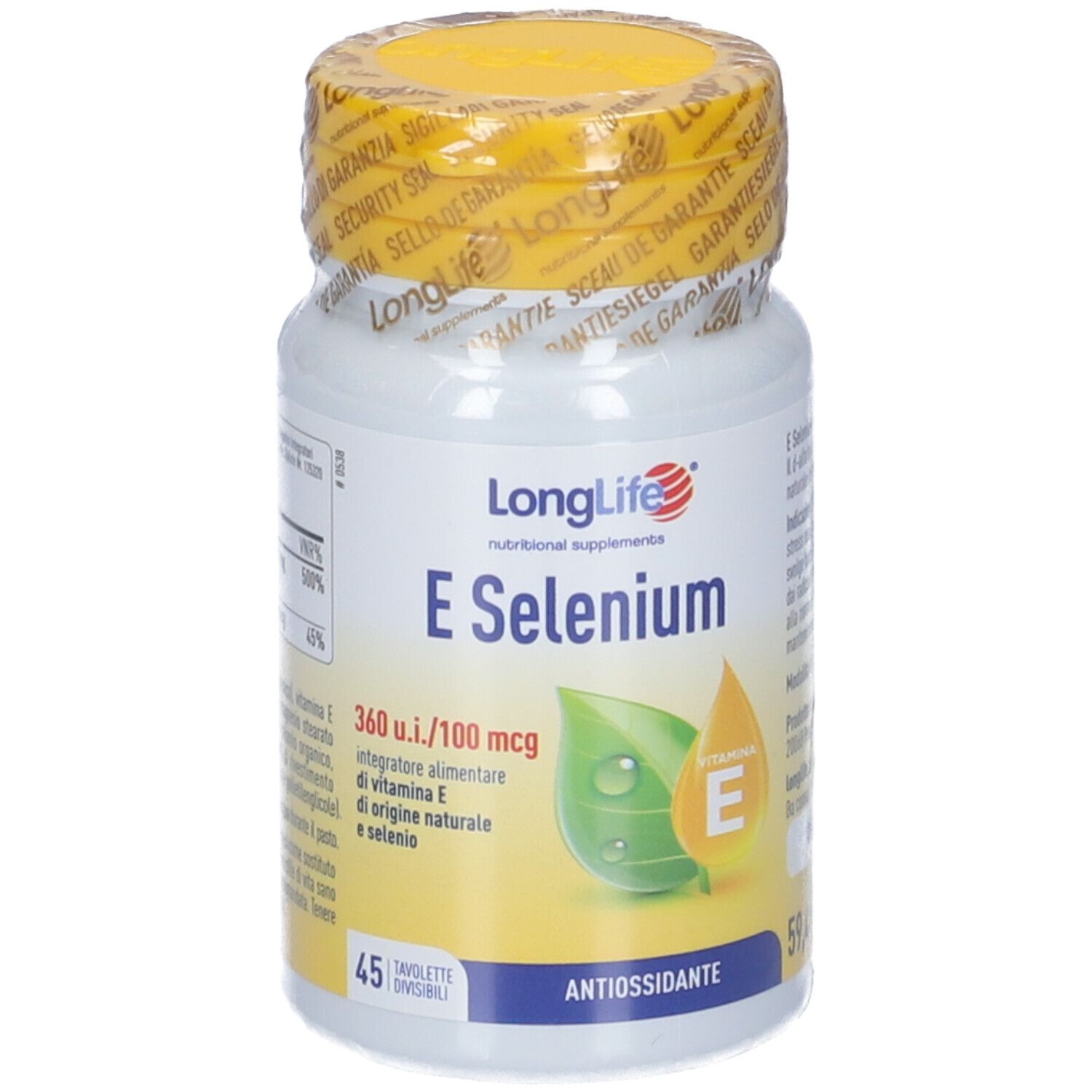 Flacone bianco con tappo giallo e sigillo. Scritta: LongLife E Selenium. Contiene 45 compresse. Con foglie e simbolo vitamina E.