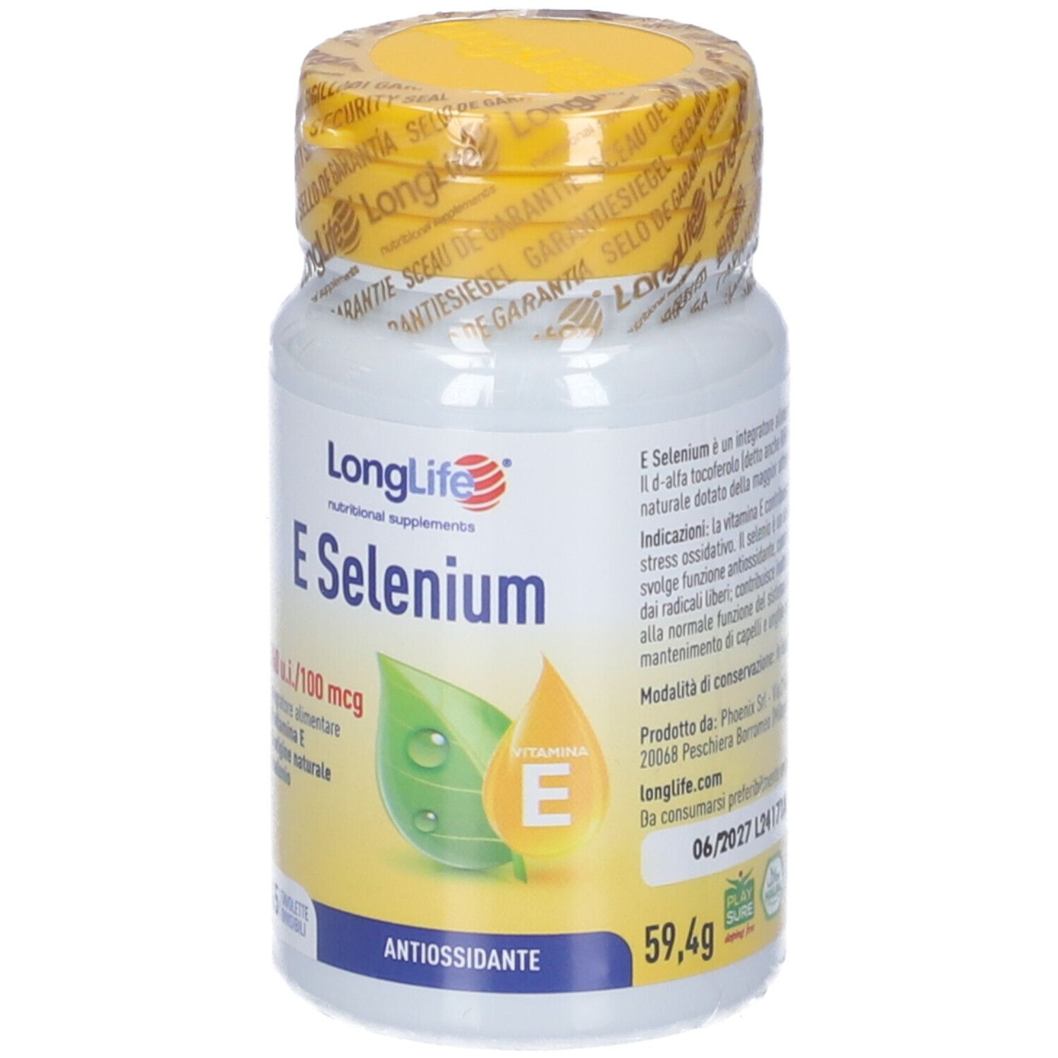 Flacone bianco con tappo giallo e sigillo. Scritta: LongLife E Selenium. Contiene 45 compresse. Con foglie e simbolo vitamina E.