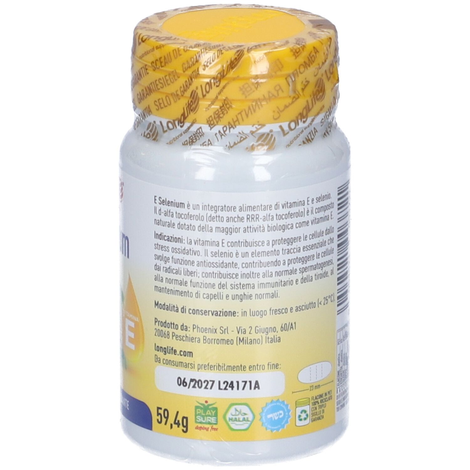 Retro del flacone bianco con tappo giallo e sigillo. Informazioni testuali e nutrizionali. 45 compresse. Data di scadenza.