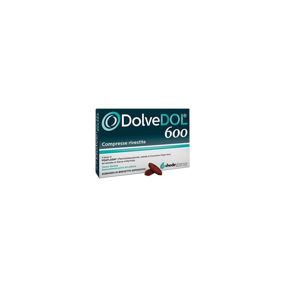 Scatola di DolveDol 600 compresse. Scatola bianca con logo blu e informazioni sul prodotto. Una compressa accanto.