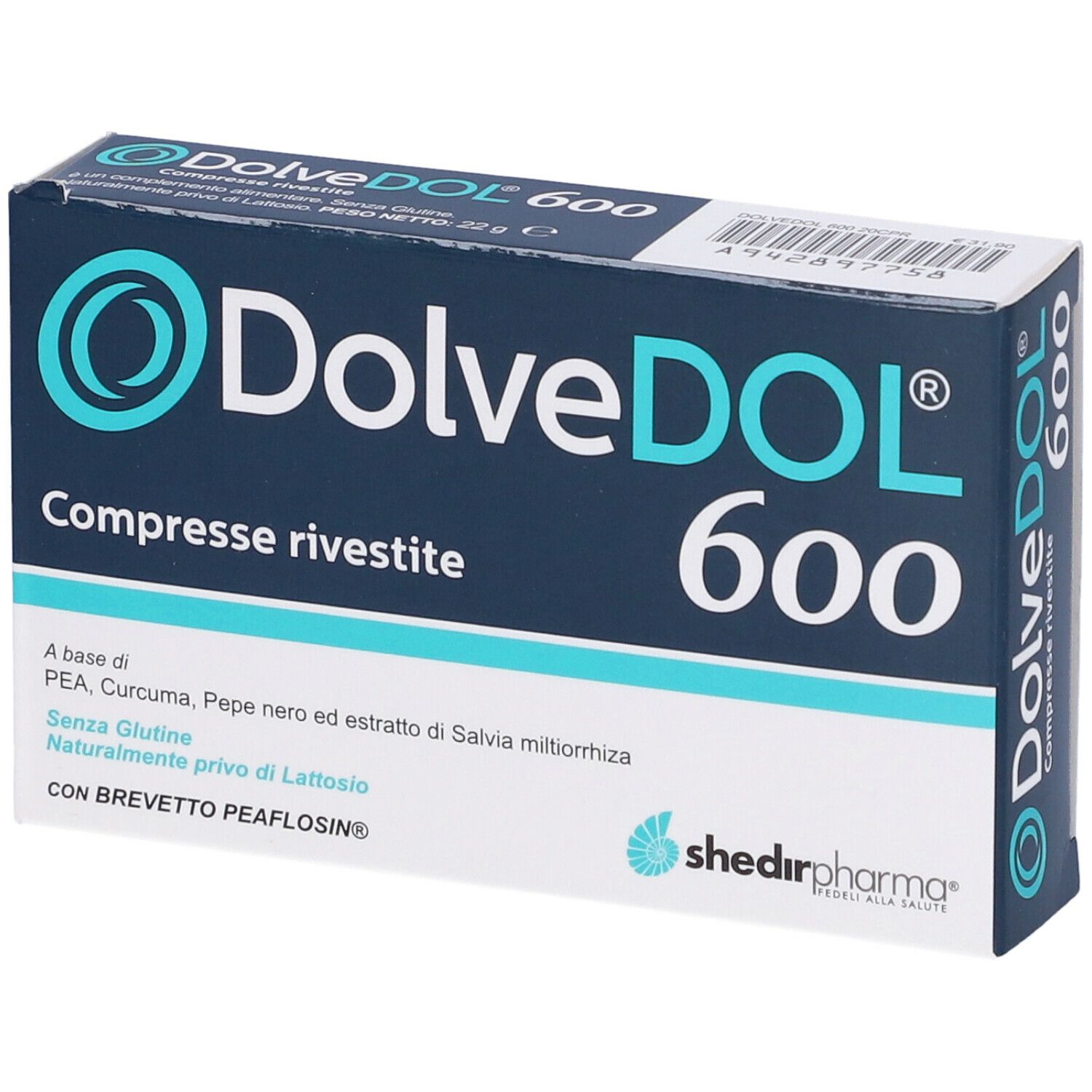 Scatola blu scuro DolveDol 600. Nome del prodotto e logo in bianco. Contiene informazioni sugli ingredienti e certificazioni.