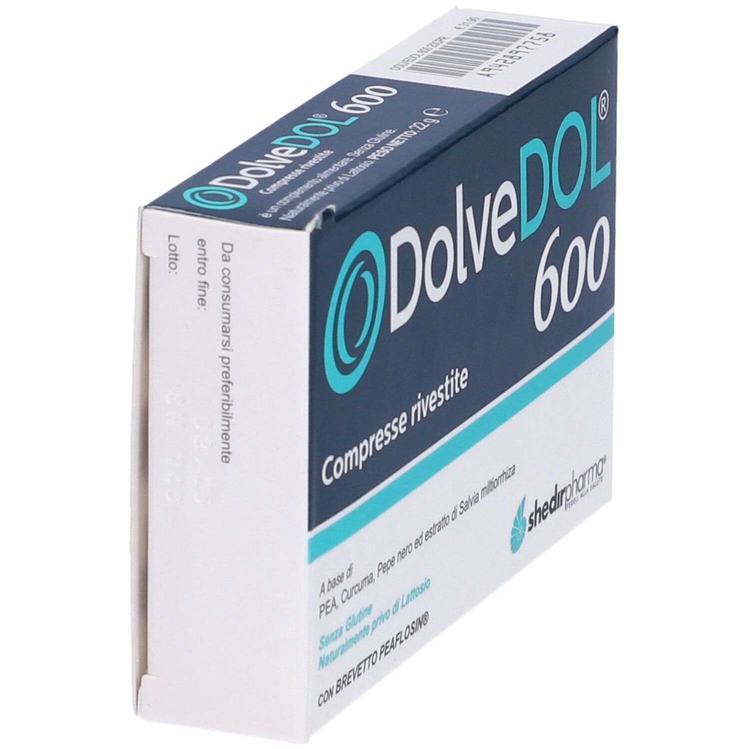 Scatola DolveDol 600, vista obliqua. Nome del prodotto e logo visibili. Contiene informazioni su ingredienti e certificazioni.