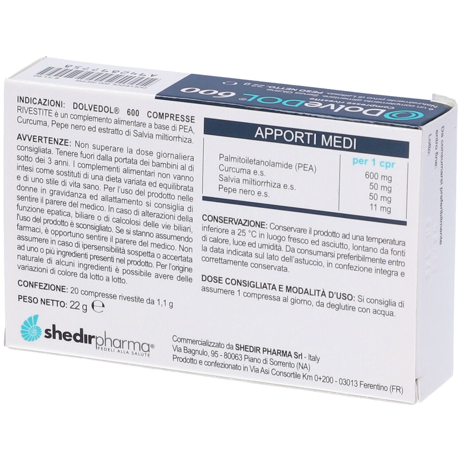 Retro della scatola DolveDol 600. Contiene informazioni su ingredienti, dosaggio e produttore. Testo bianco su sfondo blu.