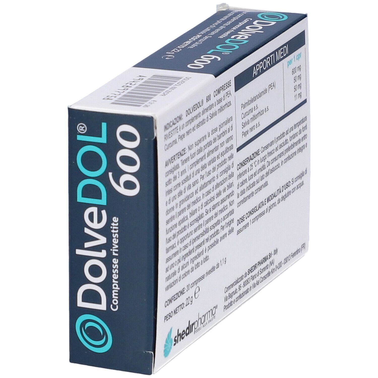 Scatola DolveDol 600, vista obliqua. Nome del prodotto e logo visibili. Retro con informazioni sul prodotto.