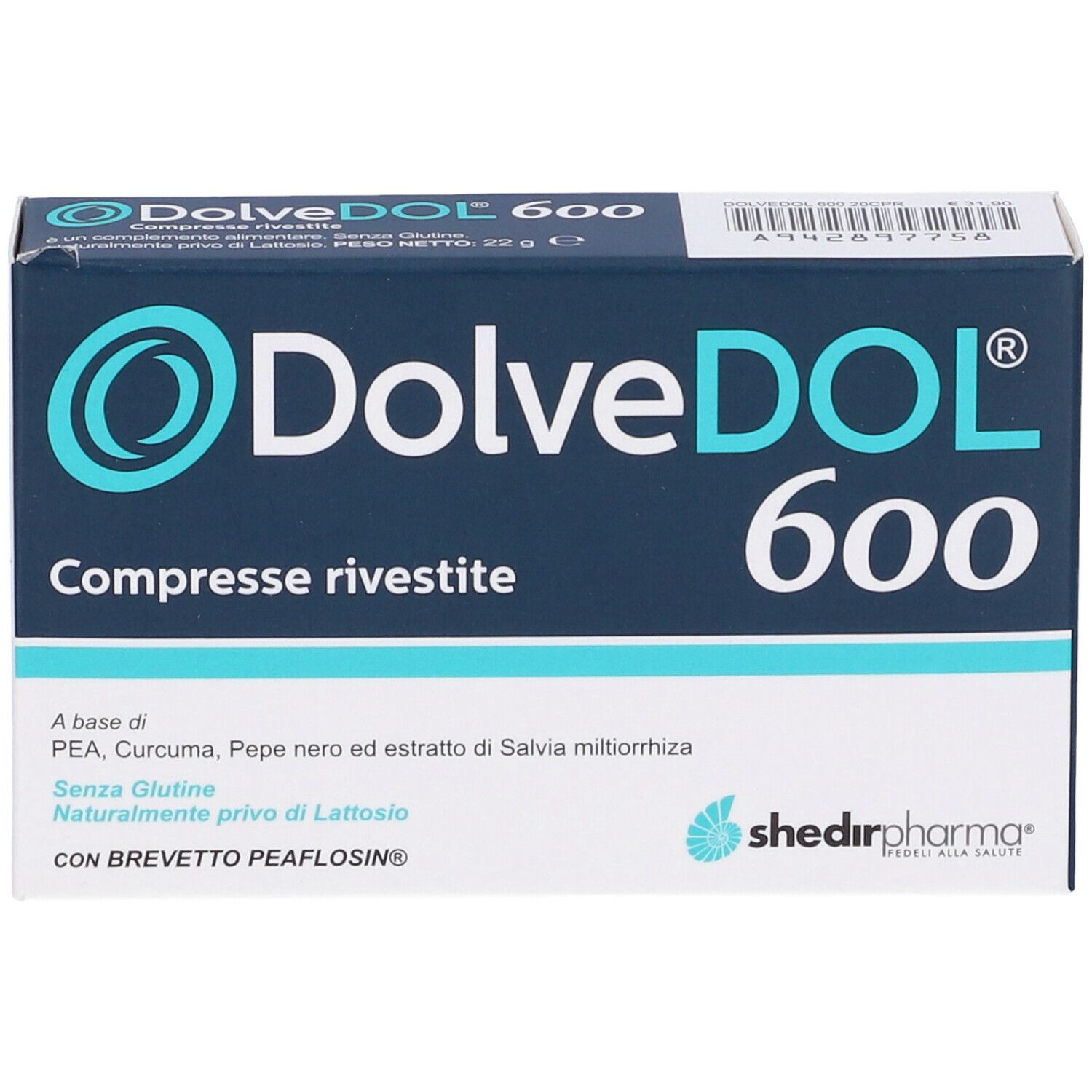 Scatola blu scuro DolveDol 600. Nome del prodotto e logo in bianco. Contiene informazioni sugli ingredienti e certificazioni.