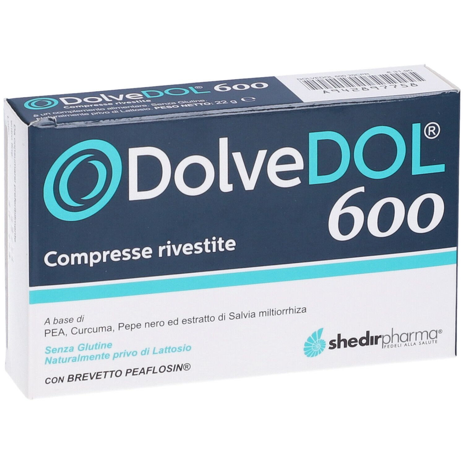 Scatola blu scuro DolveDol 600. Nome del prodotto e logo in bianco. Contiene informazioni sugli ingredienti e certificazioni.