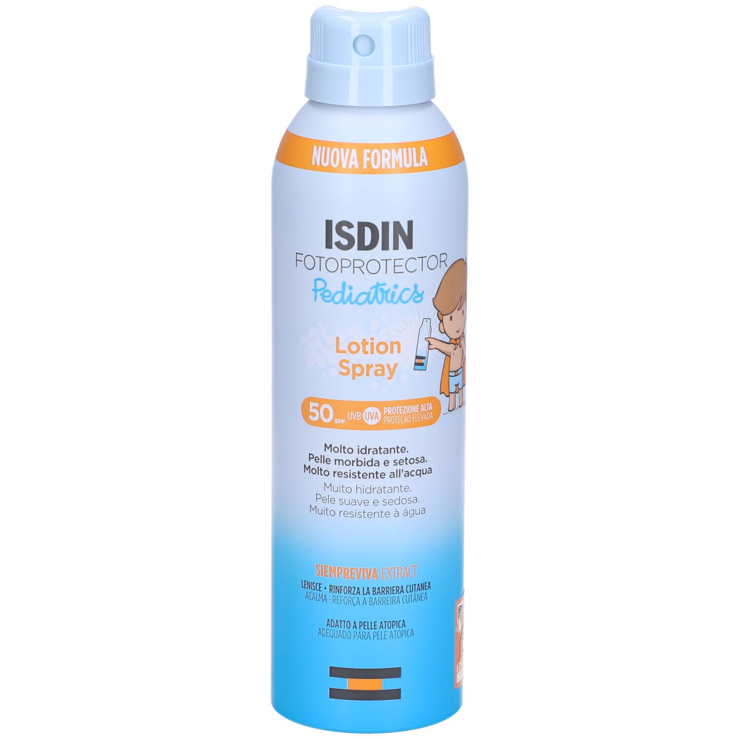 Flacone spray solare ISDIN Fotoprotector Pediatrics SPF50. Confezione blu, bianca e arancione. Illustrazione di un bambino.