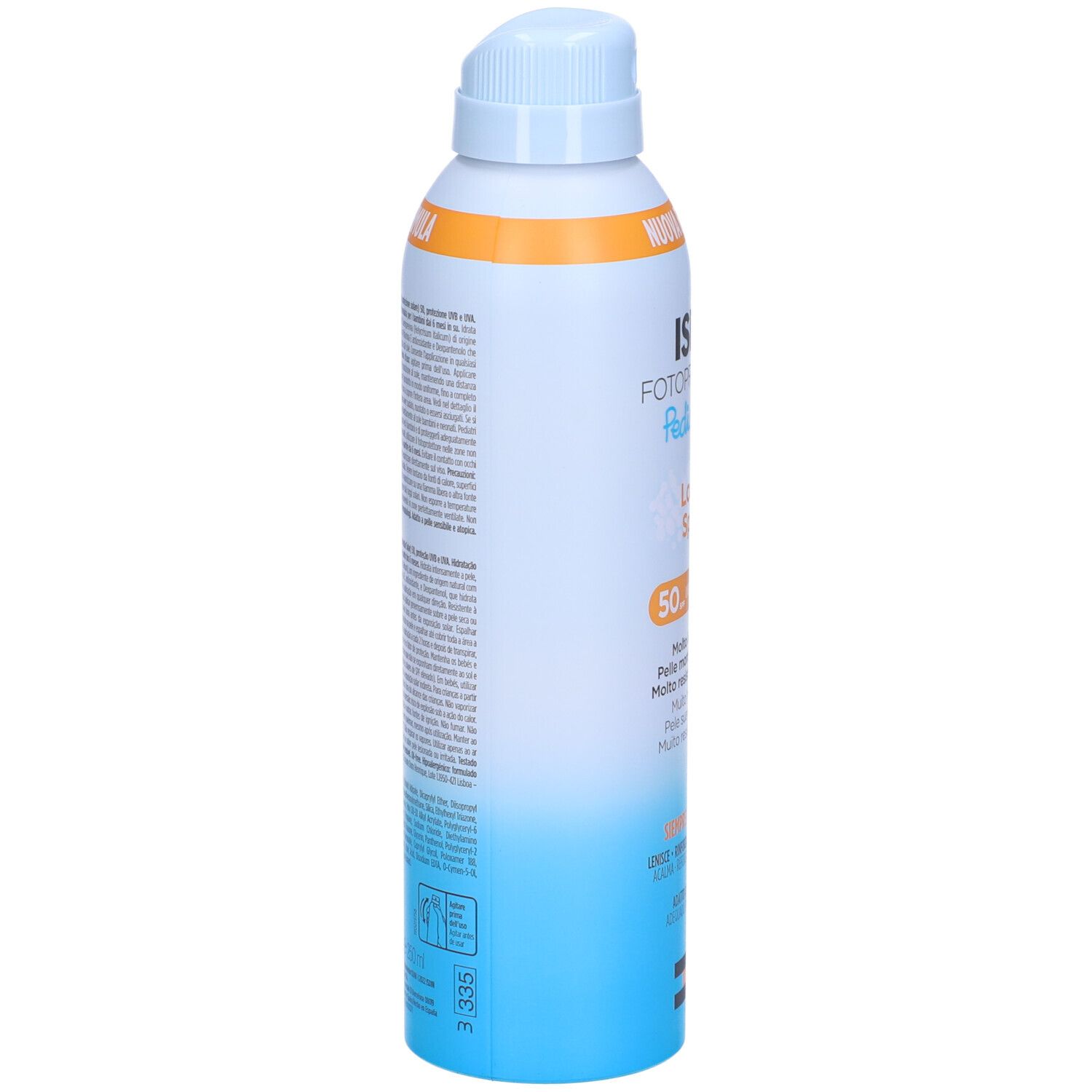 Flacone spray solare. Testo laterale. Confezione blu, bianca e arancione. Nome del prodotto e informazioni.
